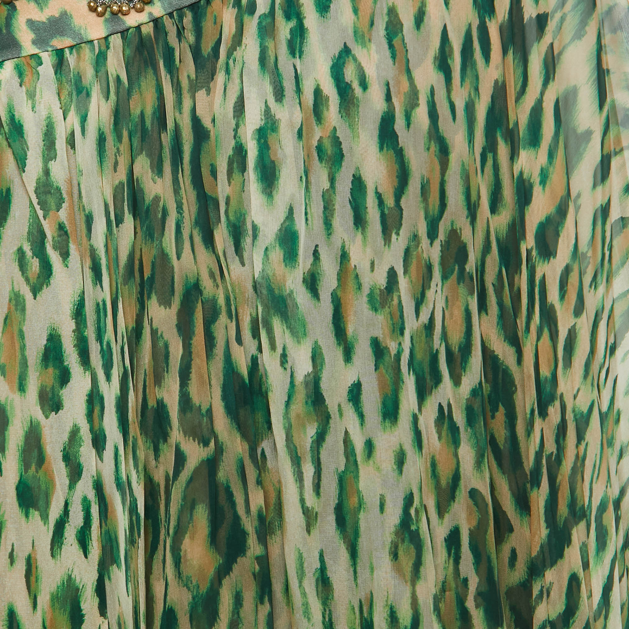 Dior Green Leopard Print Embellished Silk One Shoulder Short Dress XL