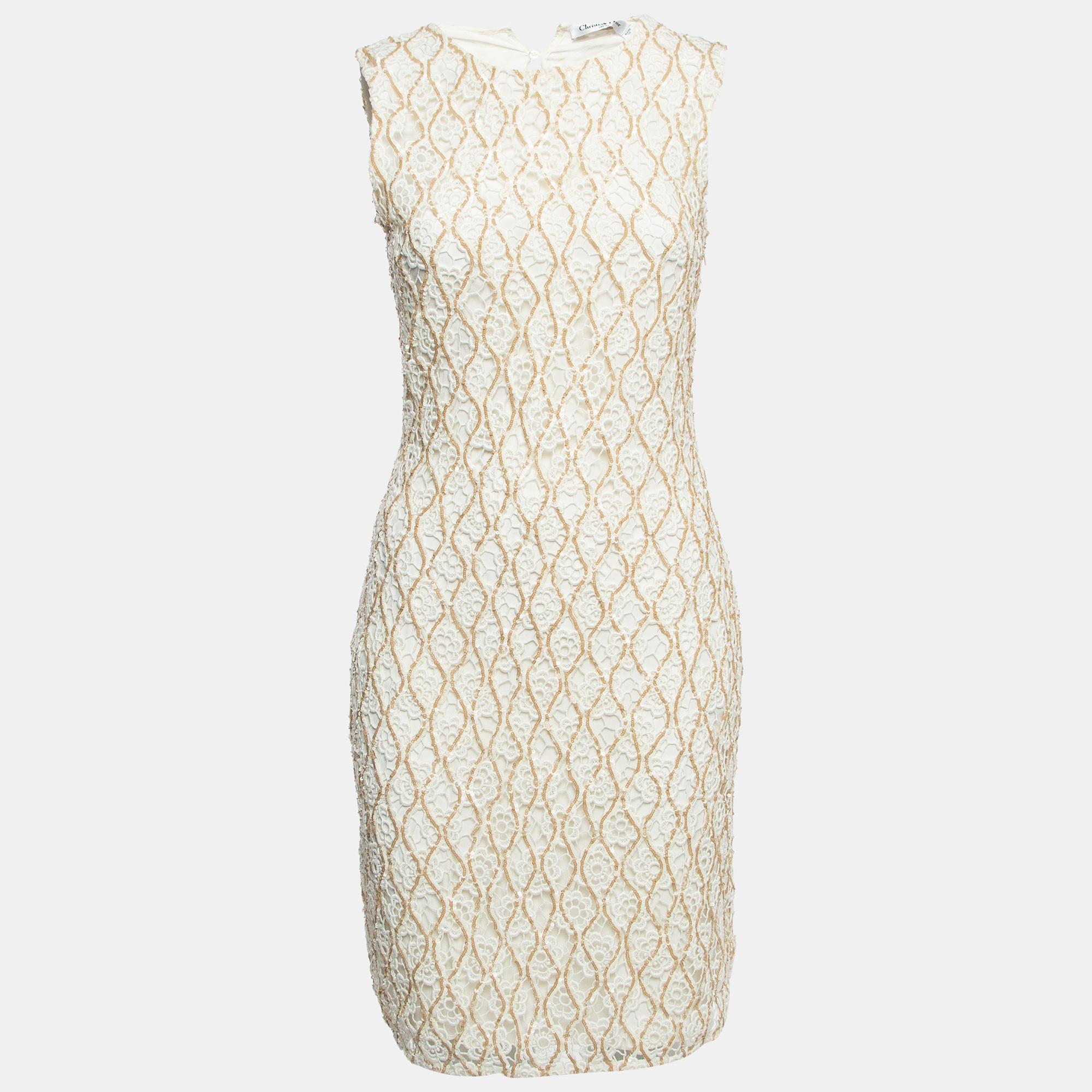 Christian Dior Off-White Sequined Lace Sleeveless Short Dress L