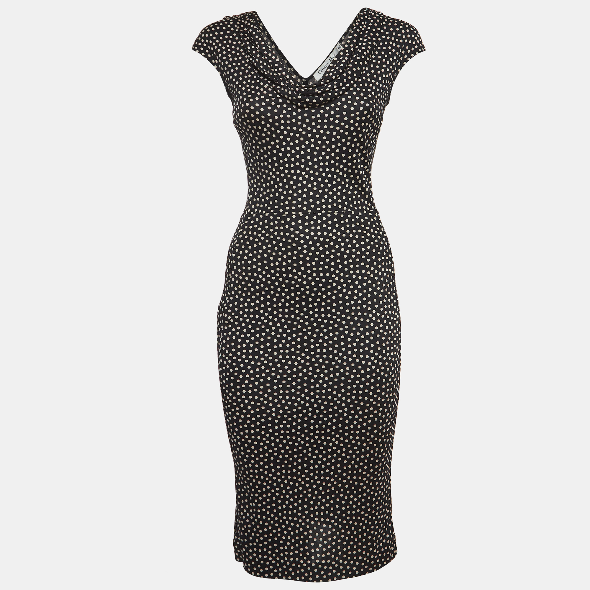 Dior black dotted silk knit sleeveless cowl neck midi dress s