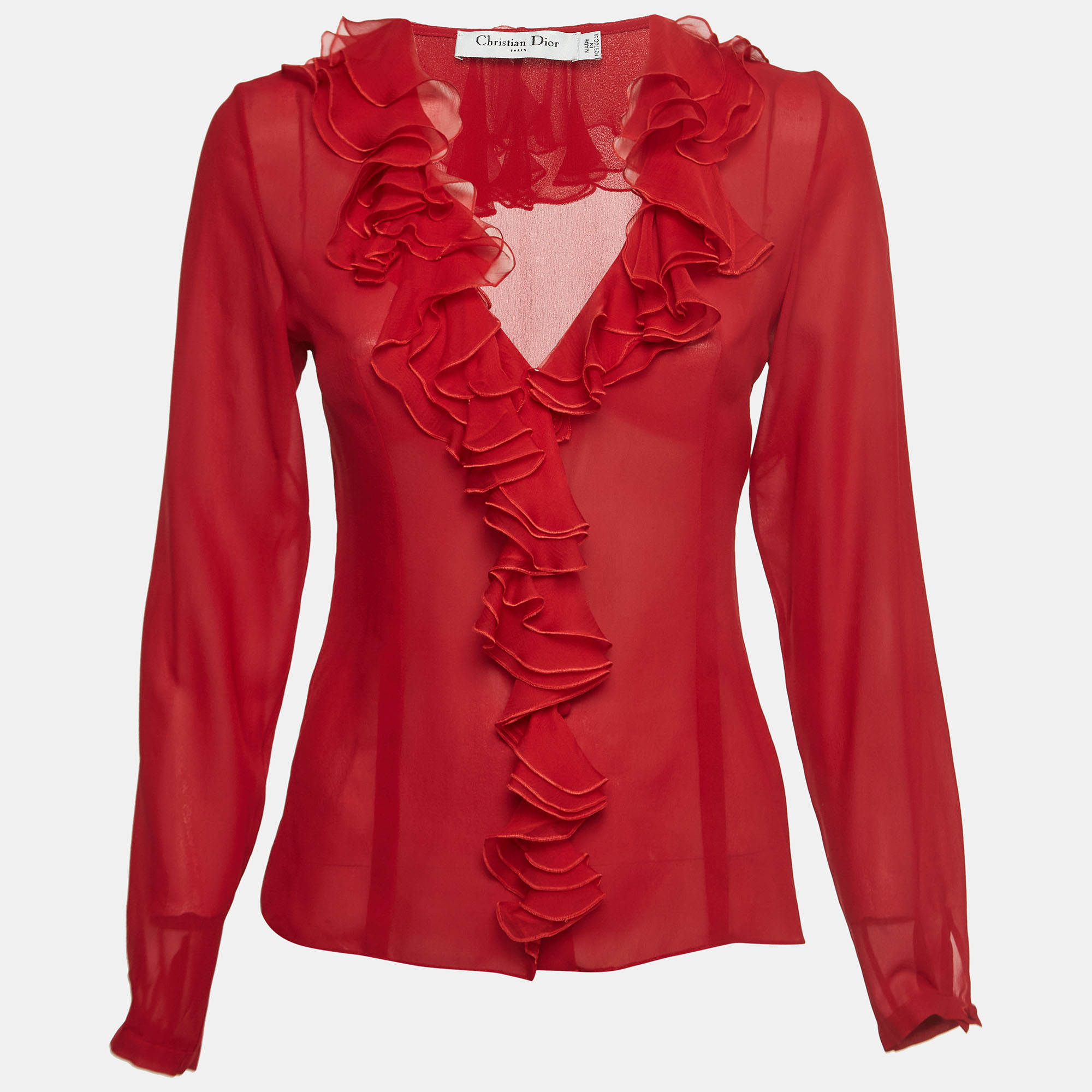 Dior Red Silk Ruffled Semi Sheer Shirt S