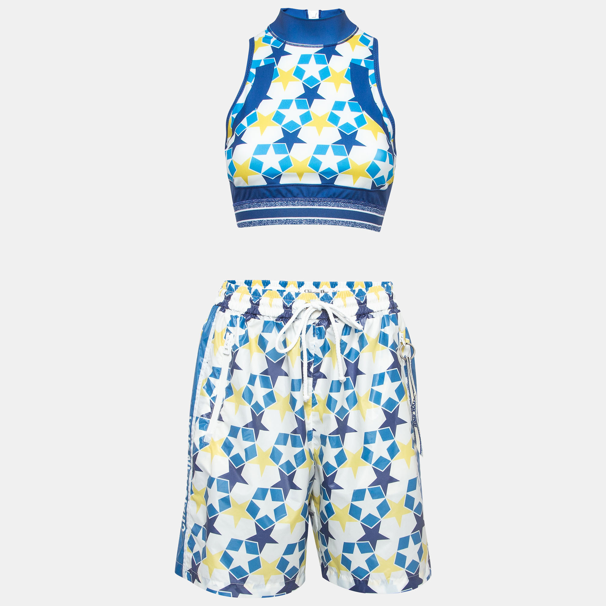 Dior blue stars printed jersey and nylon crop top and shorts set m