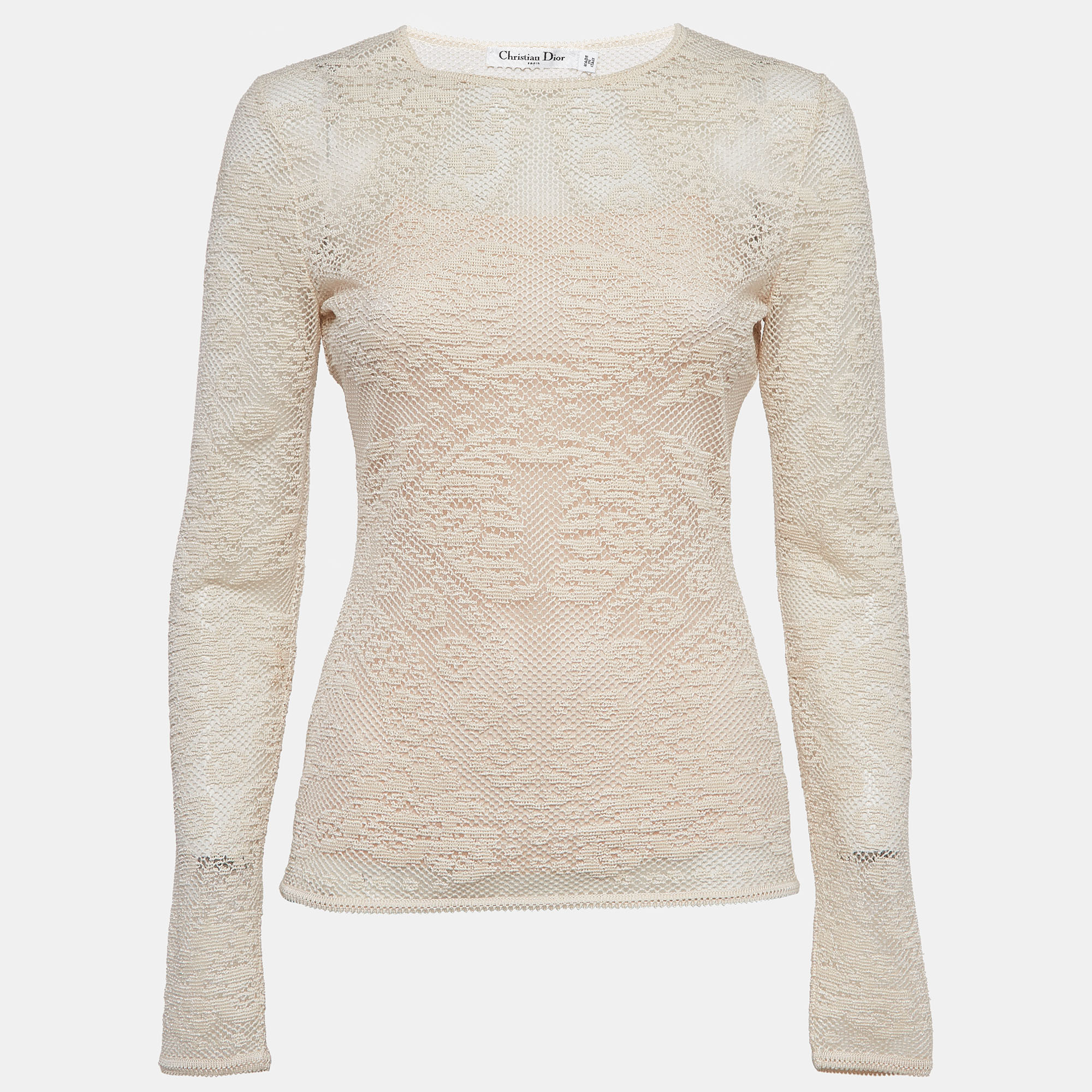 Christian dior beige tulle and crochet emi sheer top m