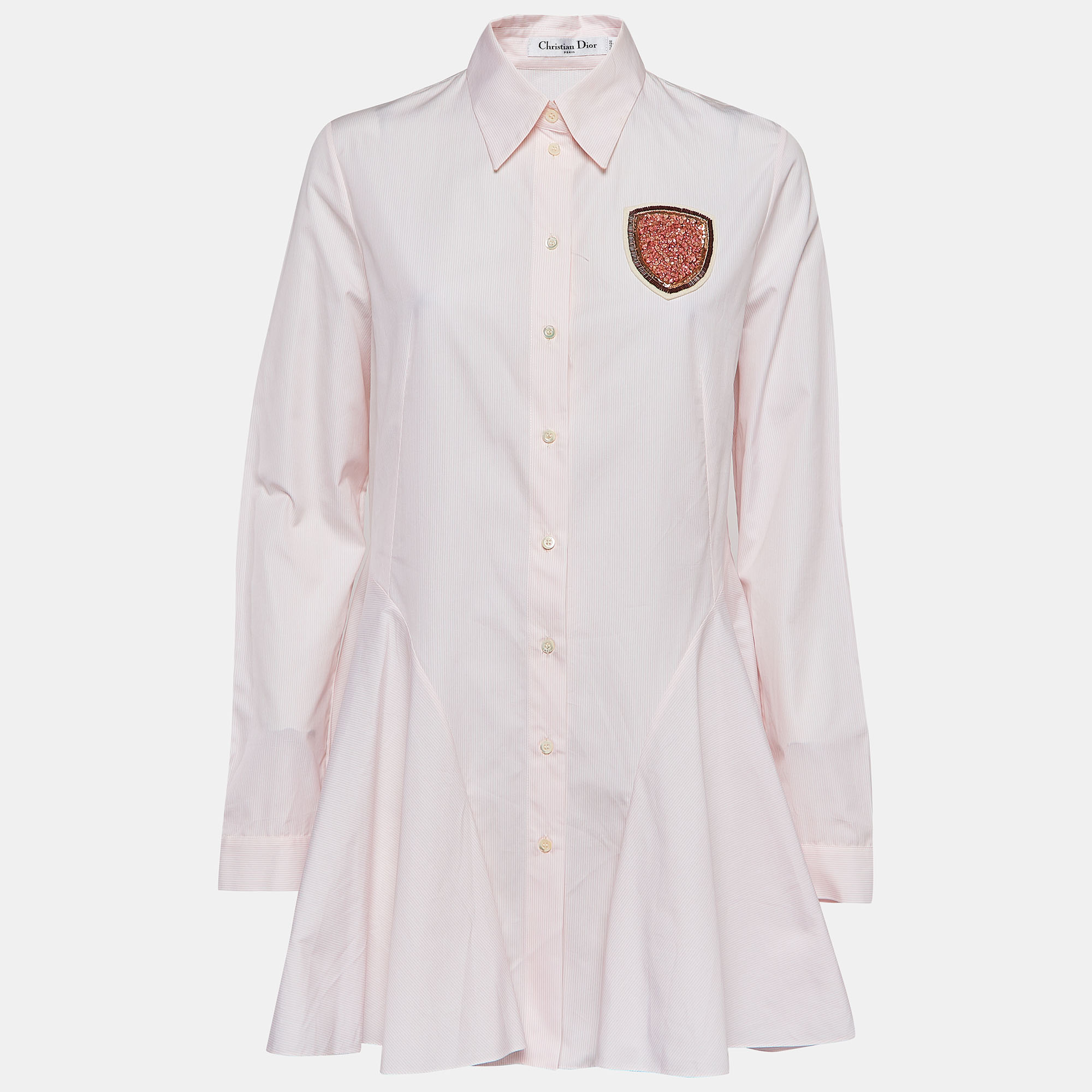 Christian dior pinstripe cotton beads applique flared mini shirt dress l