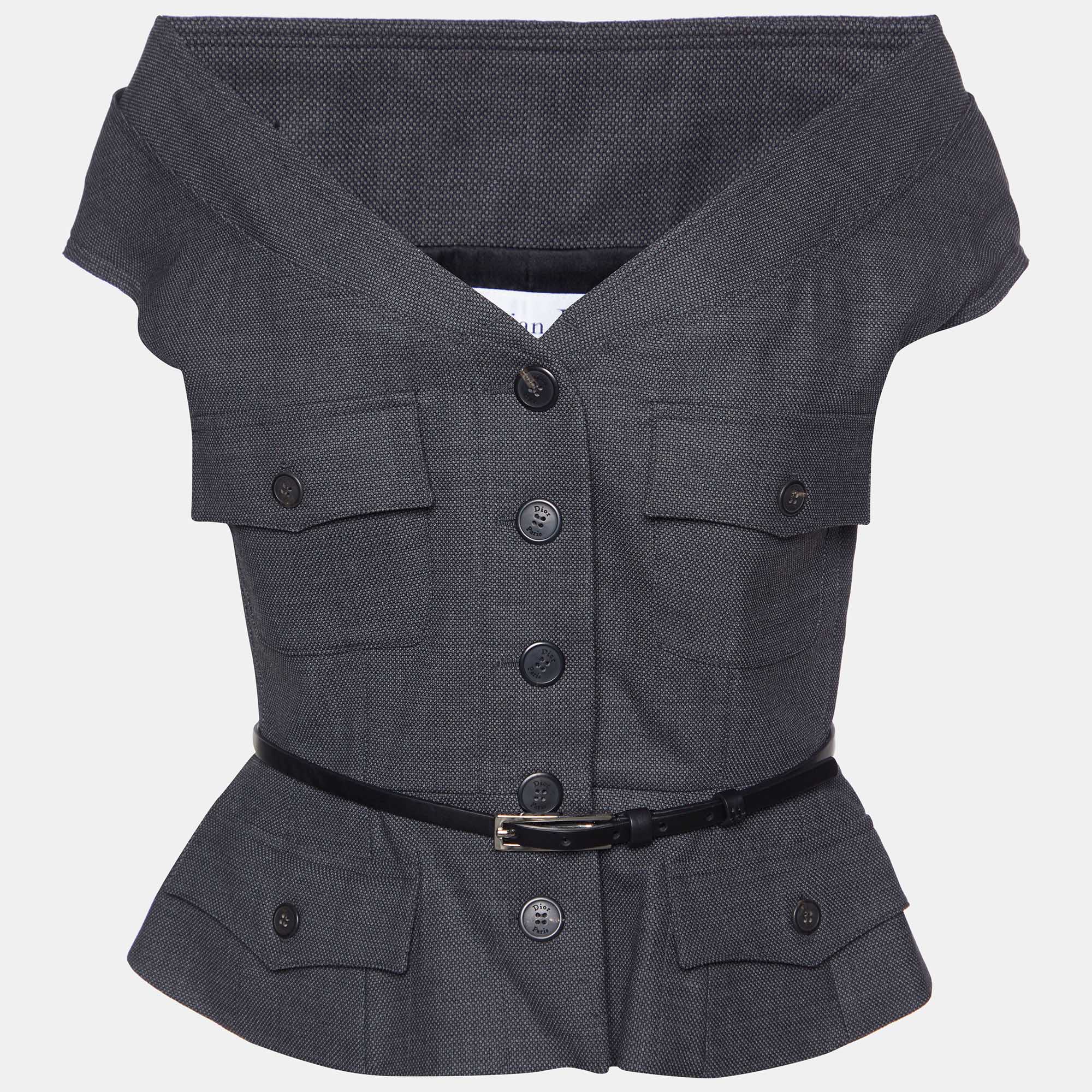 Dior dark grey wool belted skirt suit l