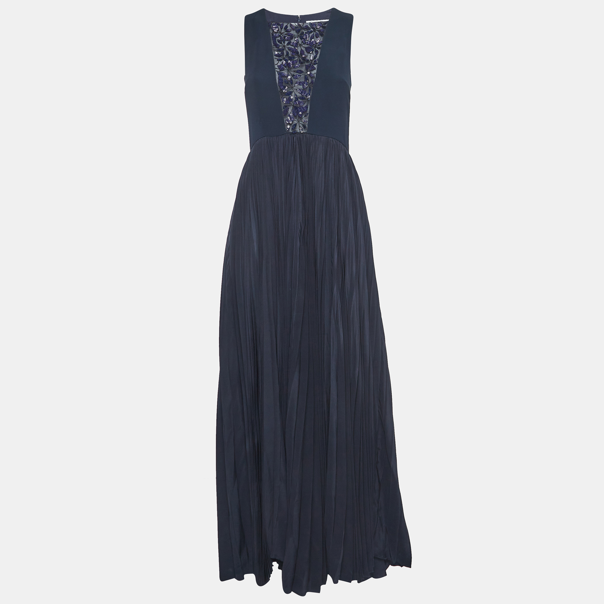 Dior navy blue embellished silk pleated maxi dress s