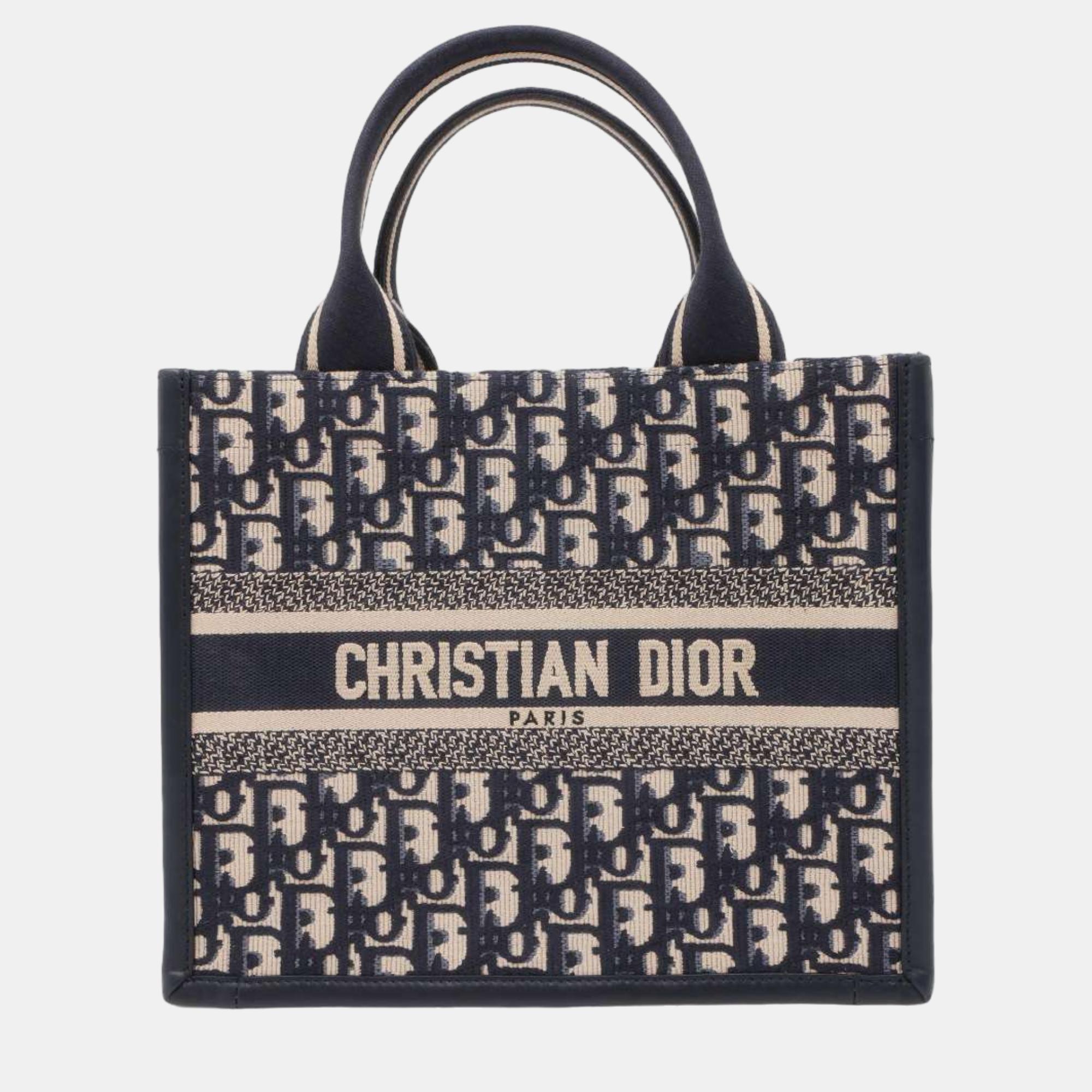 Dior navy blue/beige canvas small book tote bag