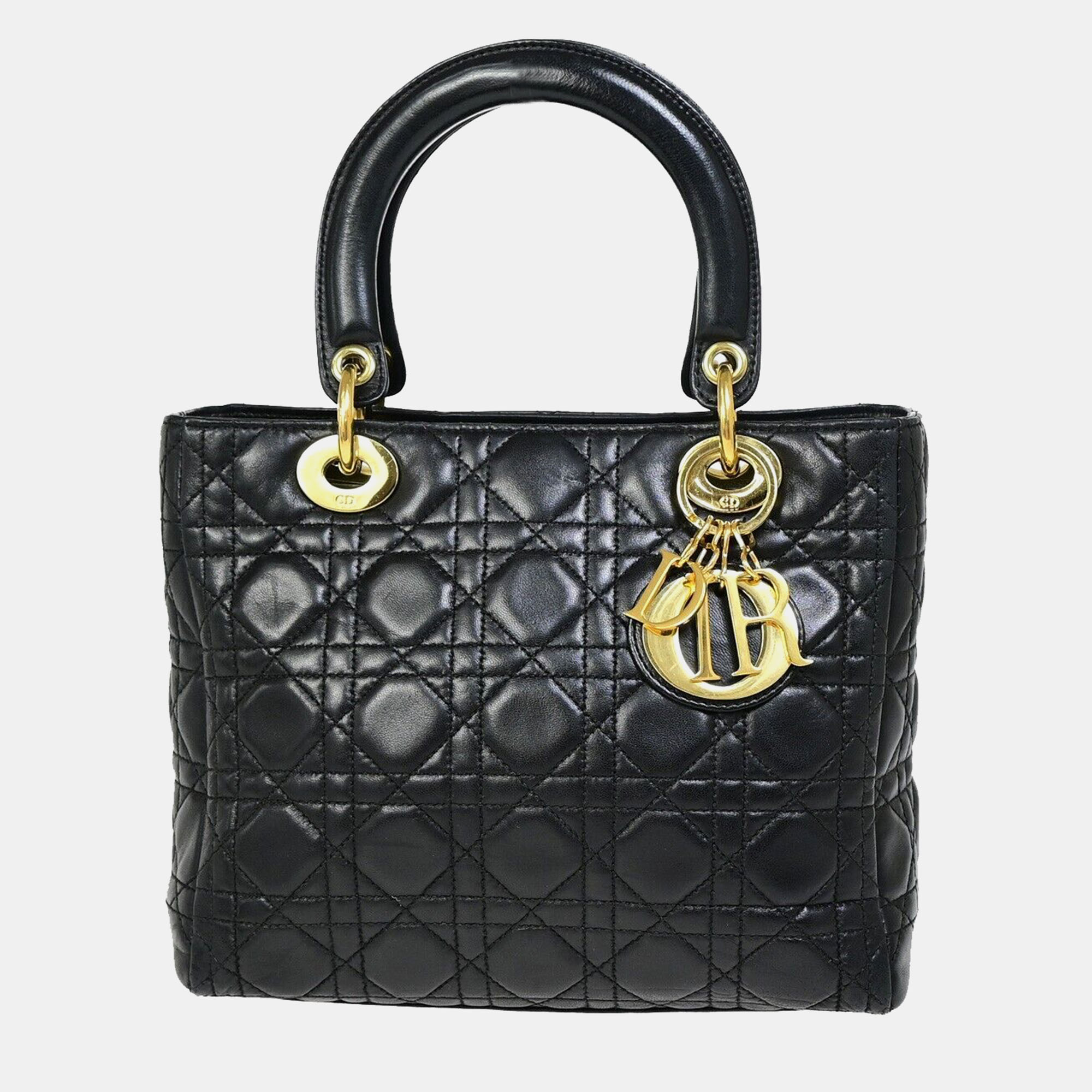 Dior black leather medium lady dior tote bag