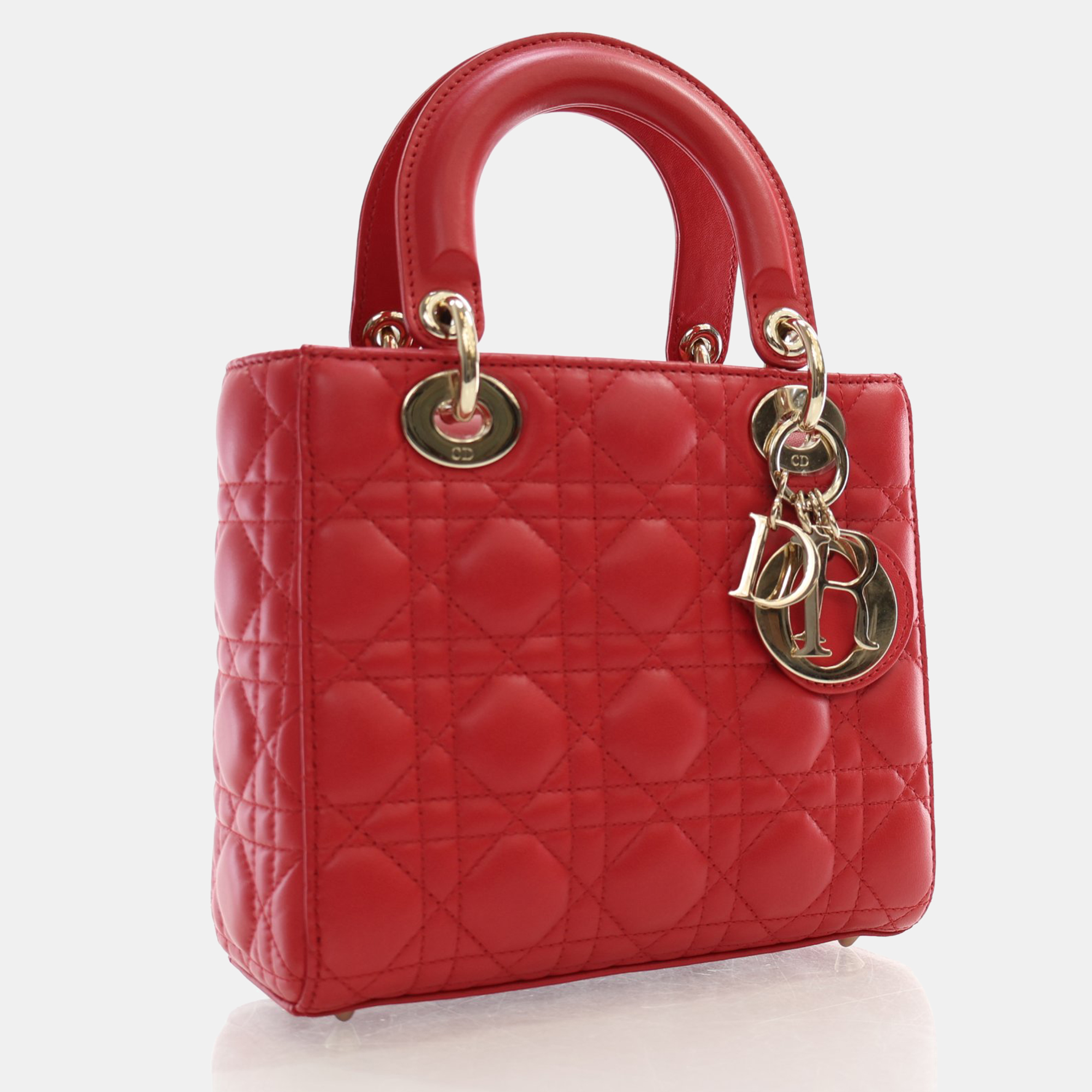 Dior Red Leather Medium Lady Dior Top Handle Bags