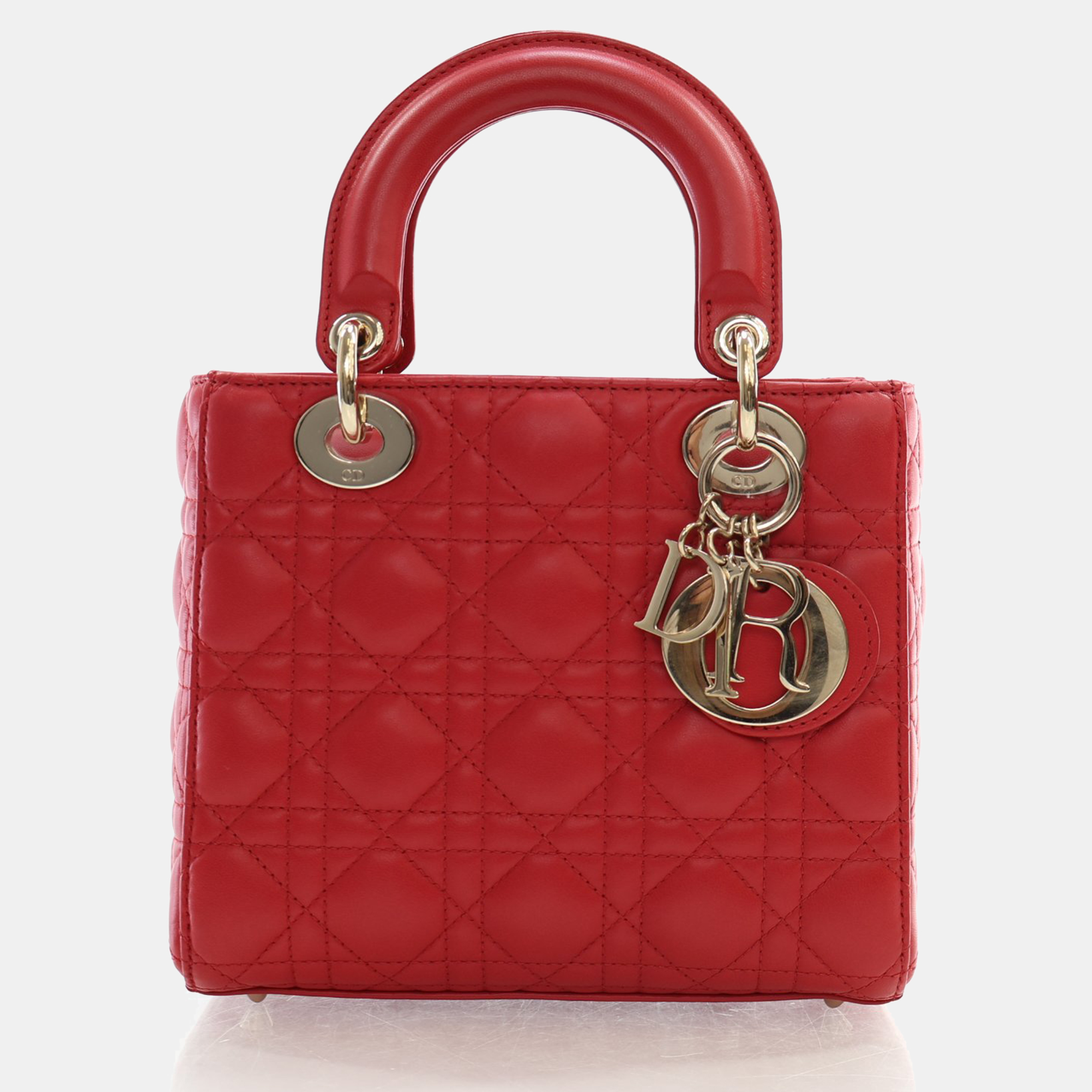 Dior Red Leather Medium Lady Dior Top Handle Bags