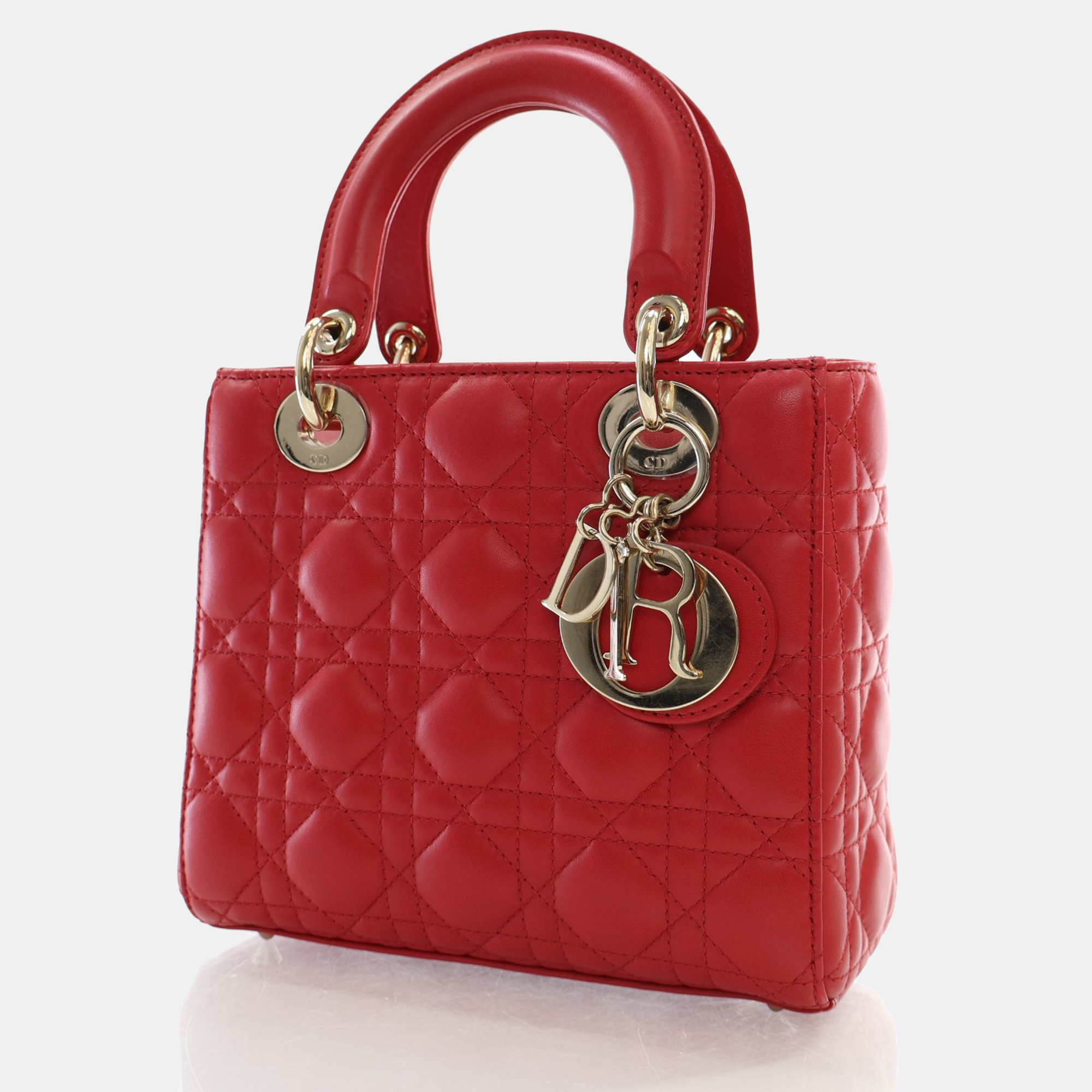 Dior Red Leather Medium Lady Dior Top Handle Bags