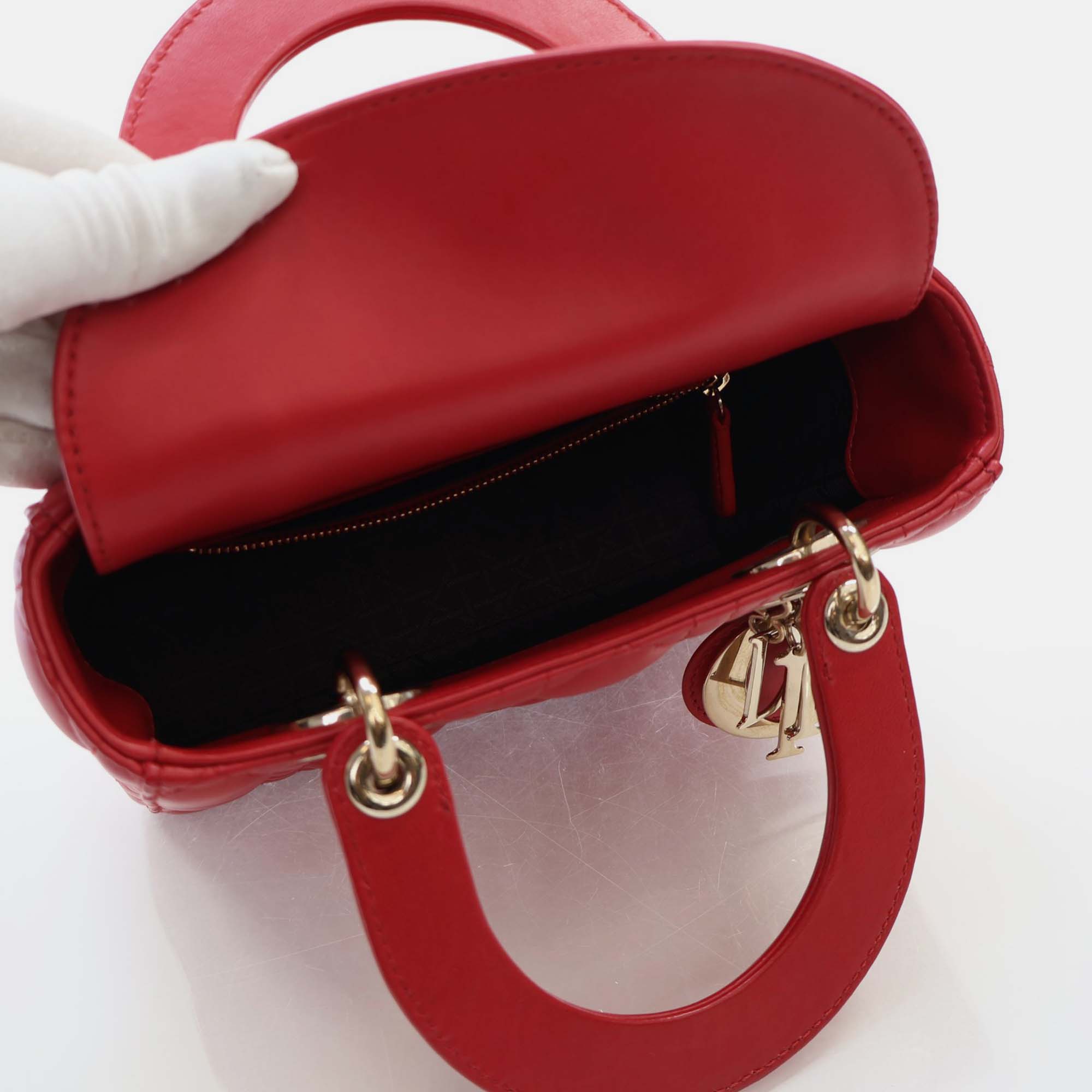 Dior Red Leather Medium Lady Dior Top Handle Bags