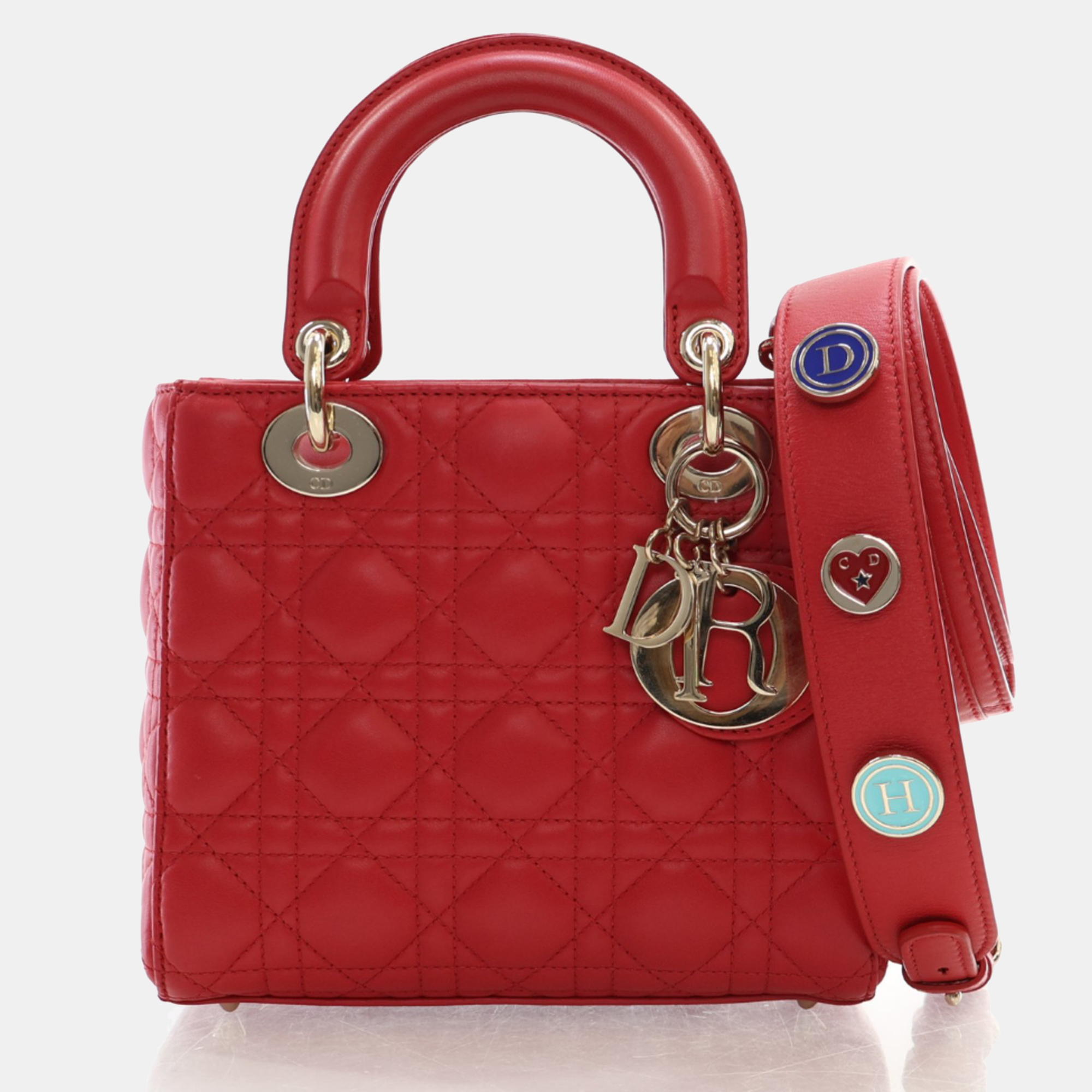 Dior red leather medium lady dior top handle bags