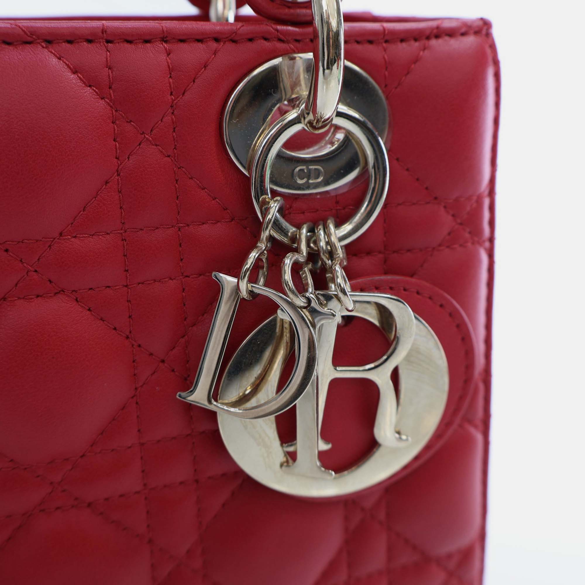 Dior Red Leather Medium Lady Dior Top Handle Bags