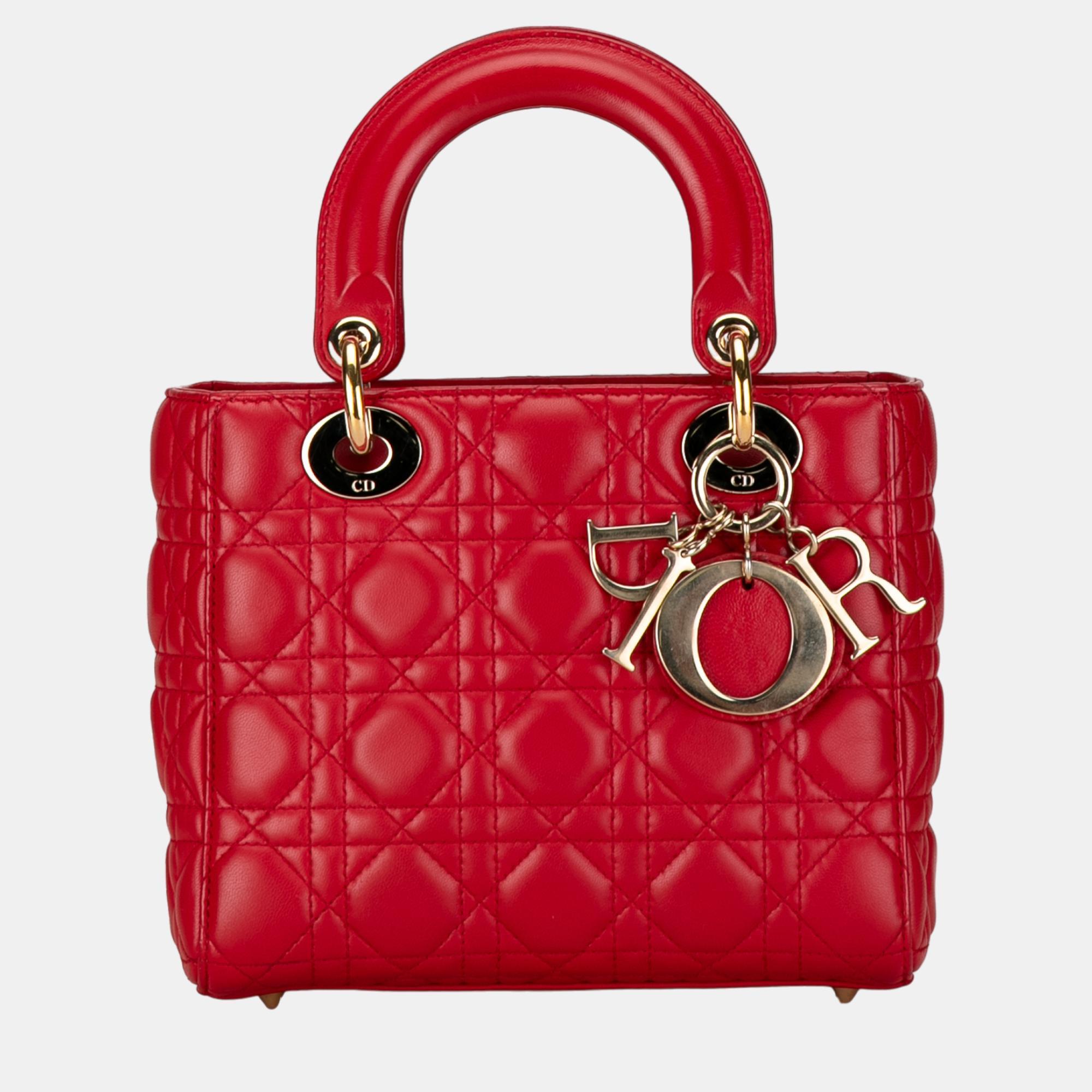 Dior red small lambskin cannage lucky badges my lady dior