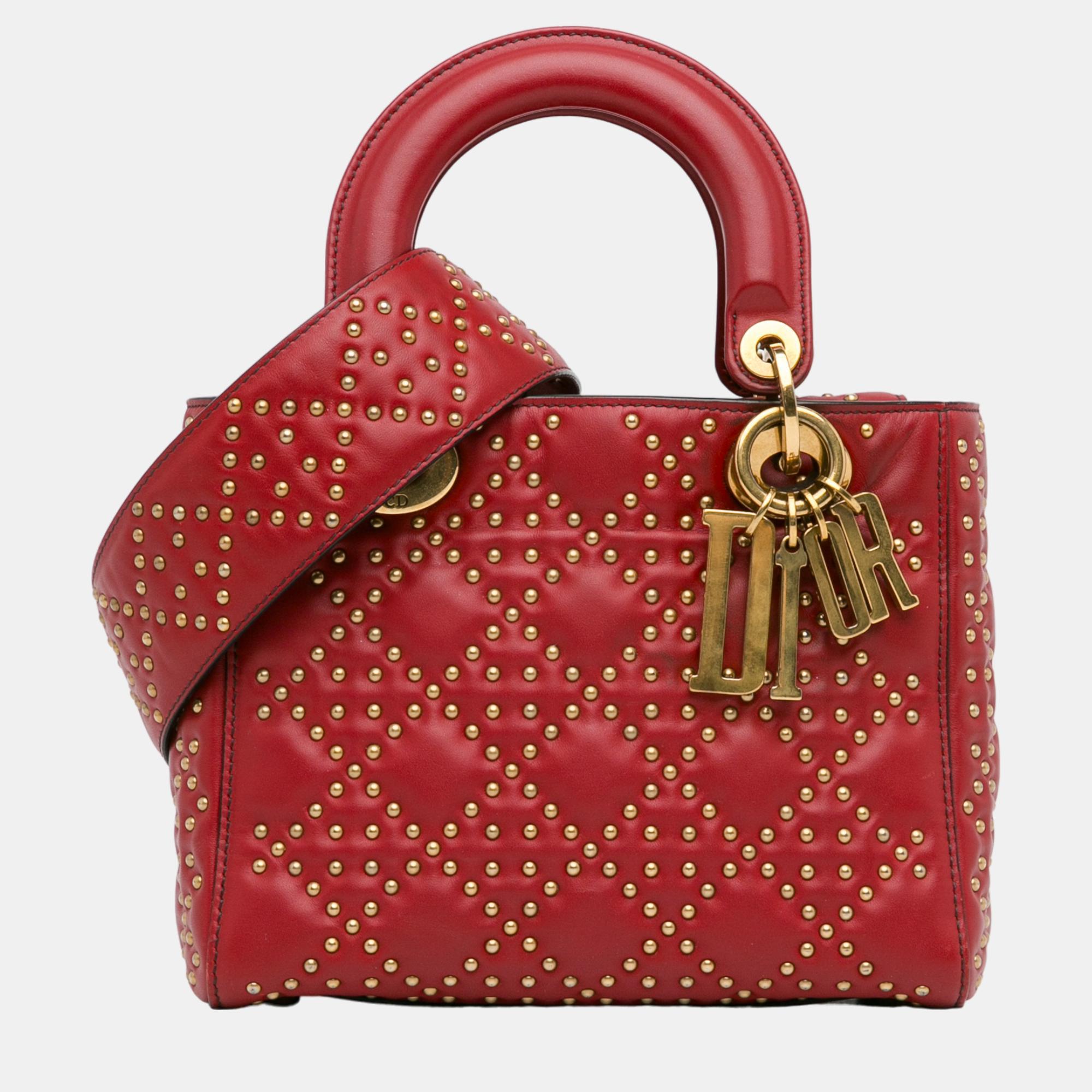 Dior red small lambskin cannage studded supple lady dior