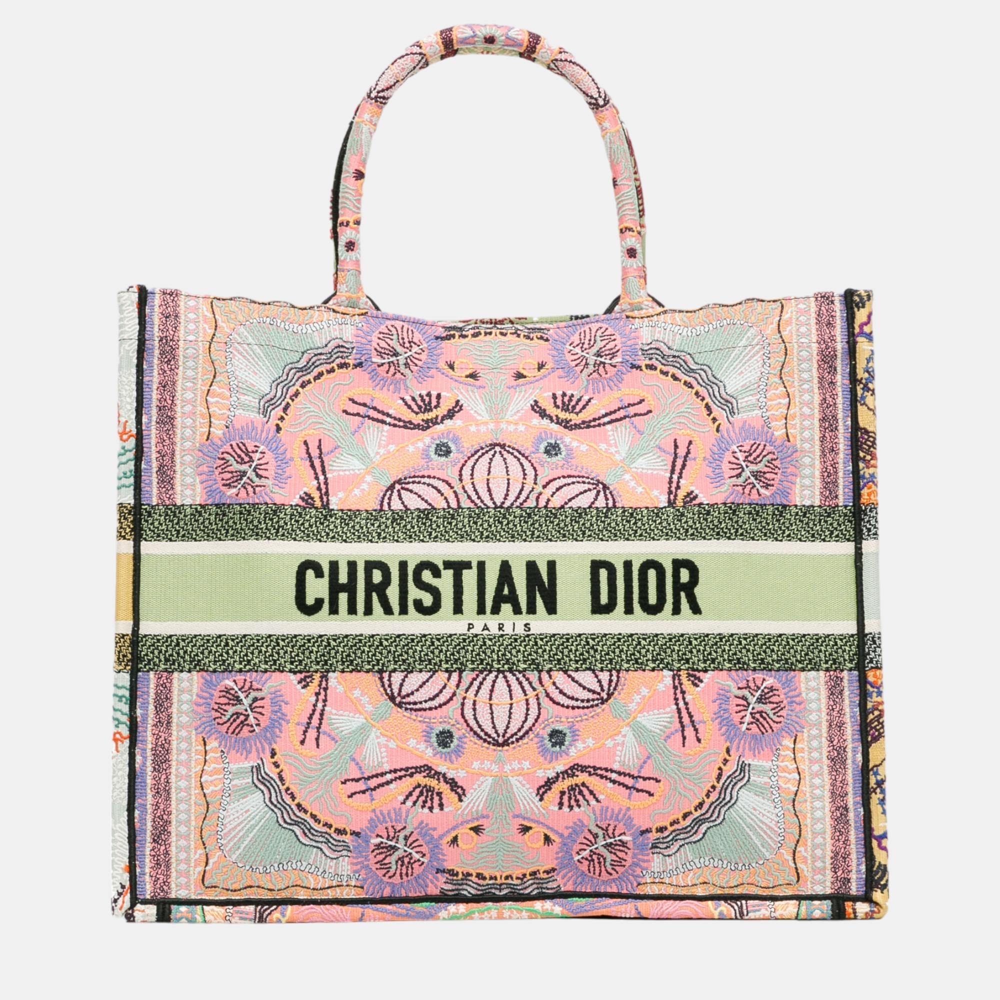 Dior pink large embroidered canvas book tote