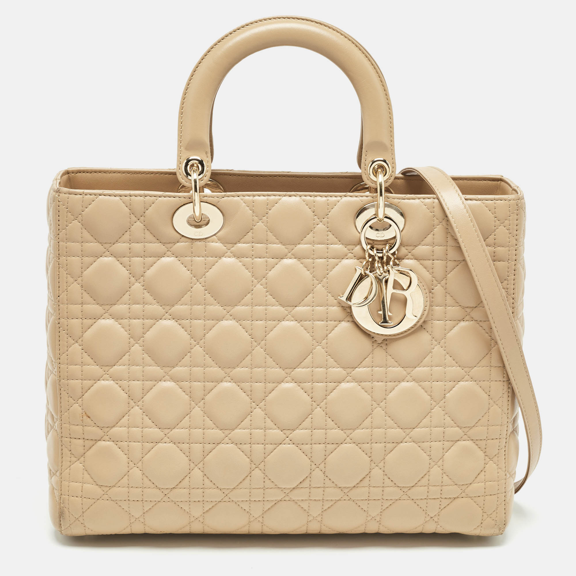 Dior beige cannage leather large lady dior tote