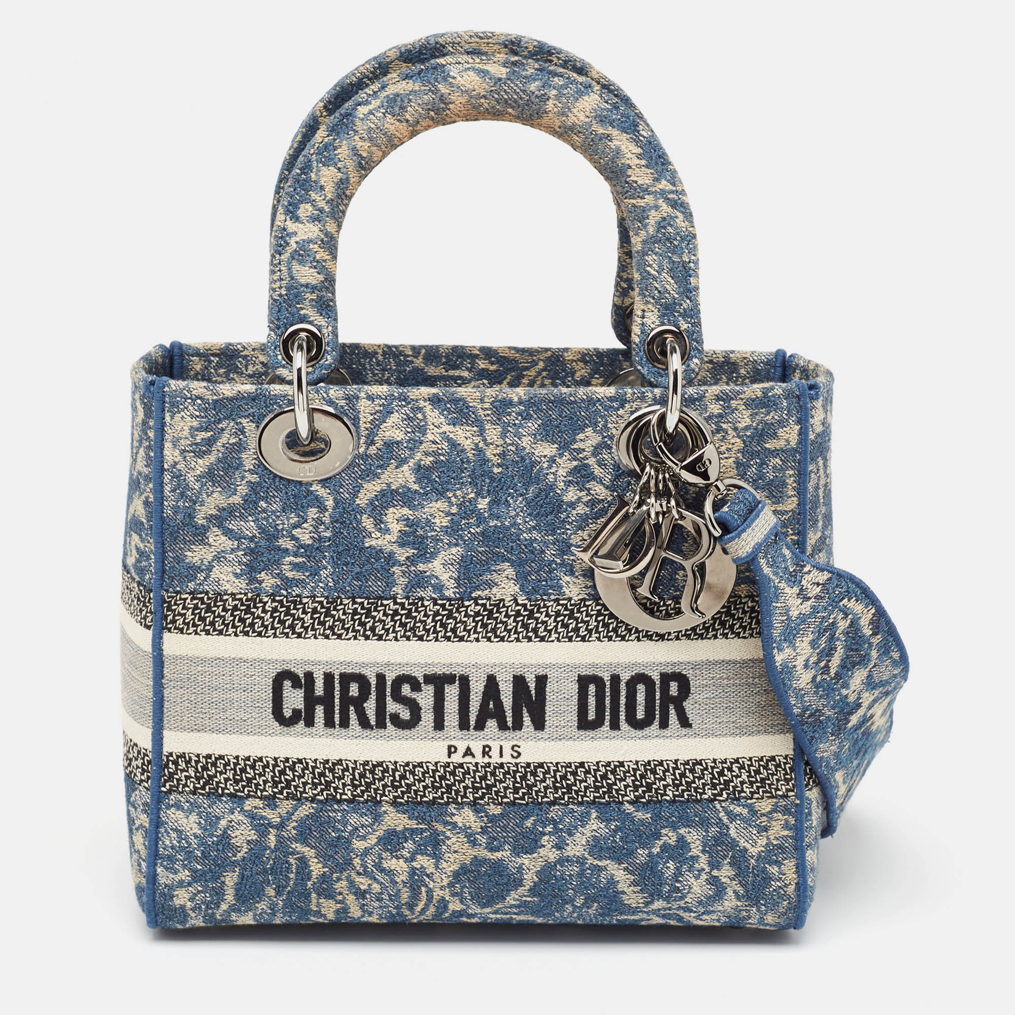 Dior blue embroidered canvas medium lady d-lite tote