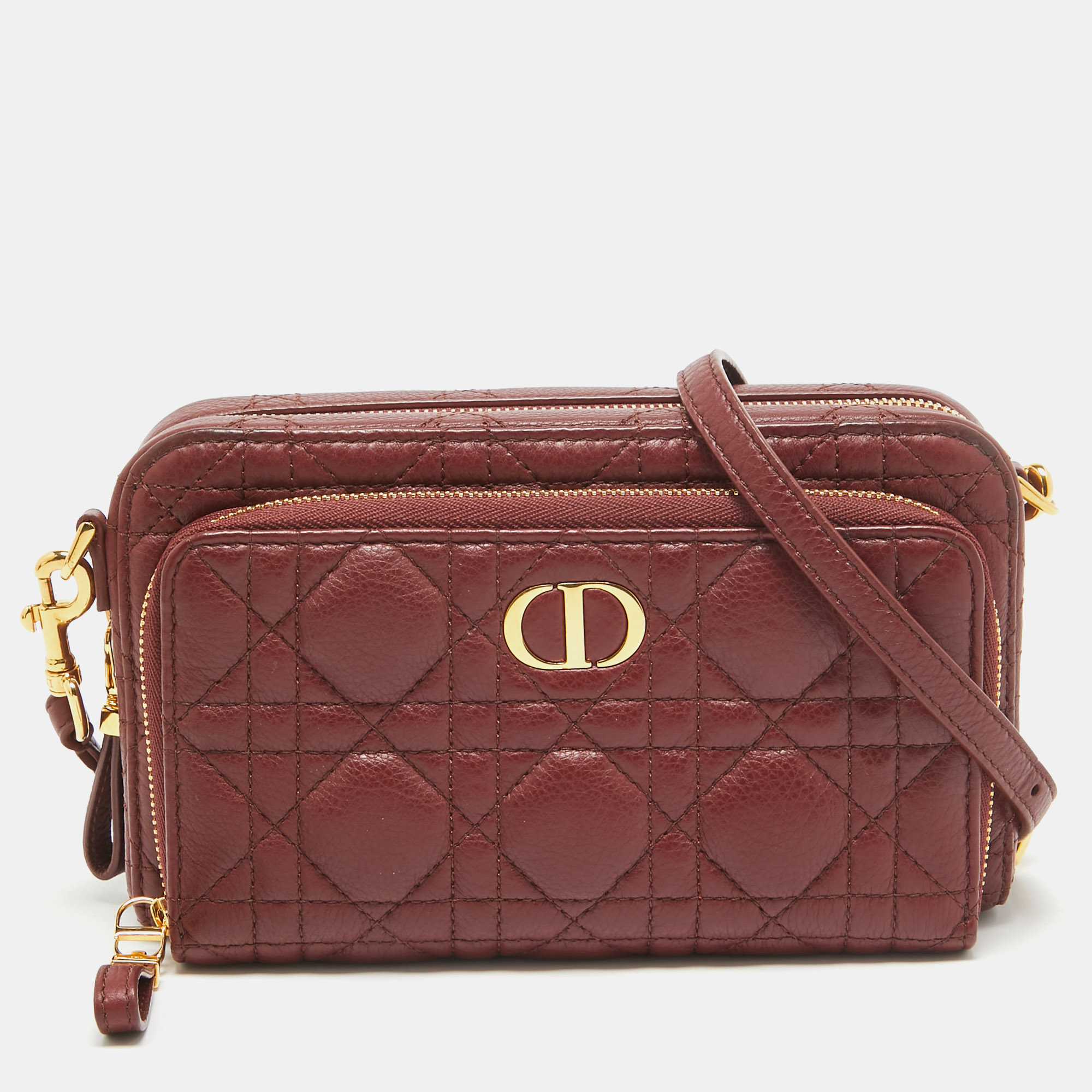 Dior dark red cannage leather caro double pouch bag
