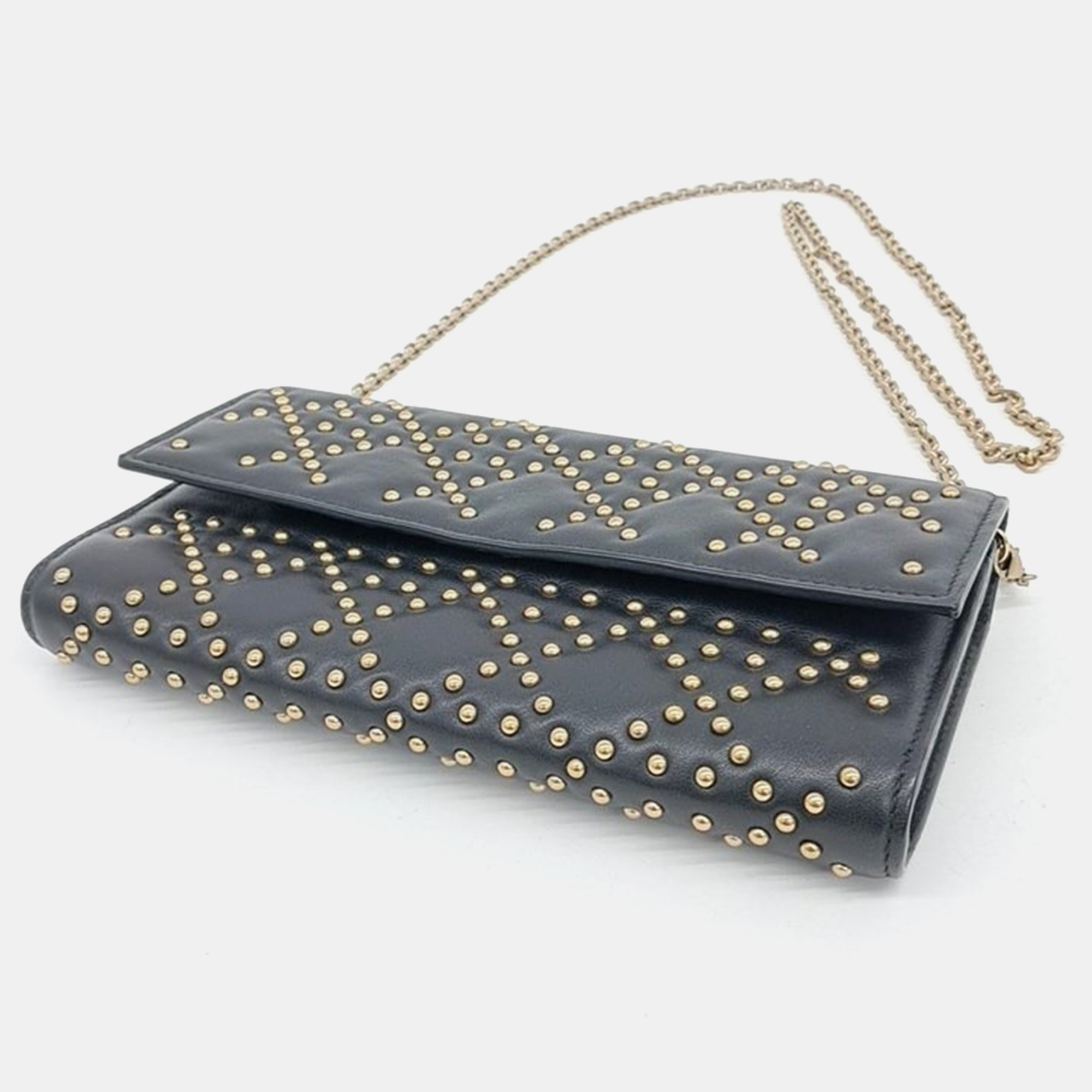 Christian Dior Calfskin Cannage Studded Wallet On Chain