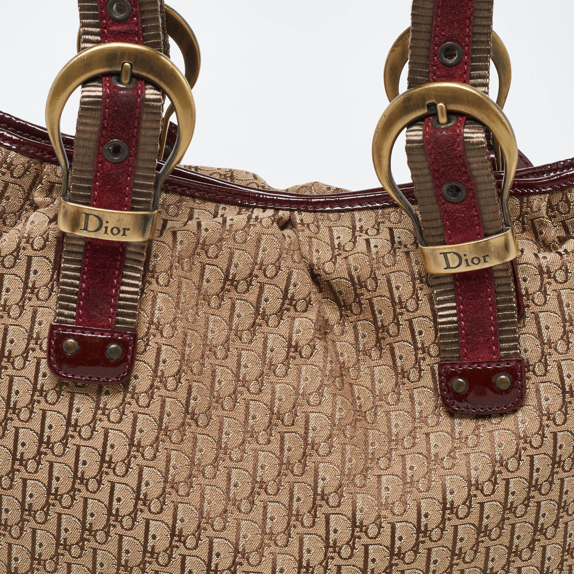 Dior Beige/Maroon Oblique Canvas,Suede And Patent Leather Tote