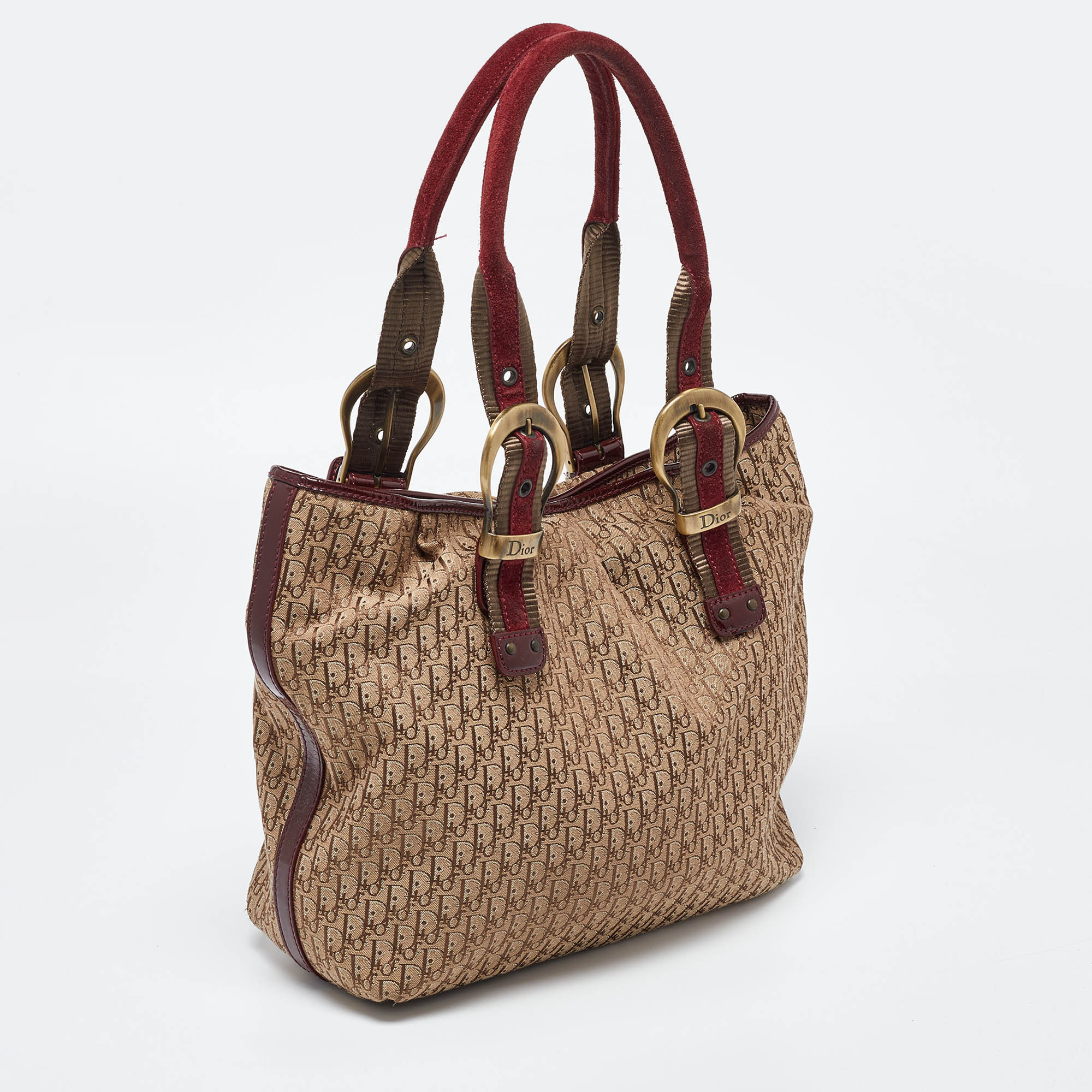 Dior Beige/Maroon Oblique Canvas,Suede And Patent Leather Tote