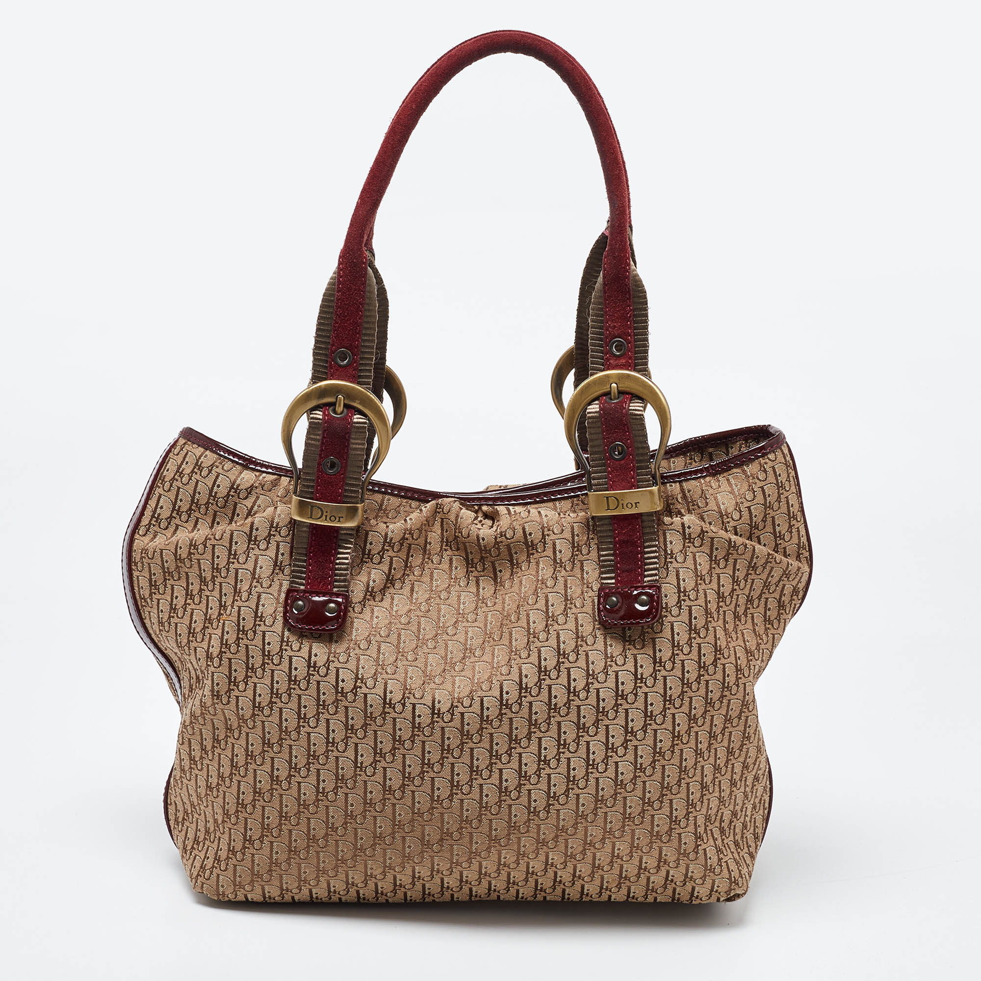 Dior Beige/Maroon Oblique Canvas,Suede And Patent Leather Tote