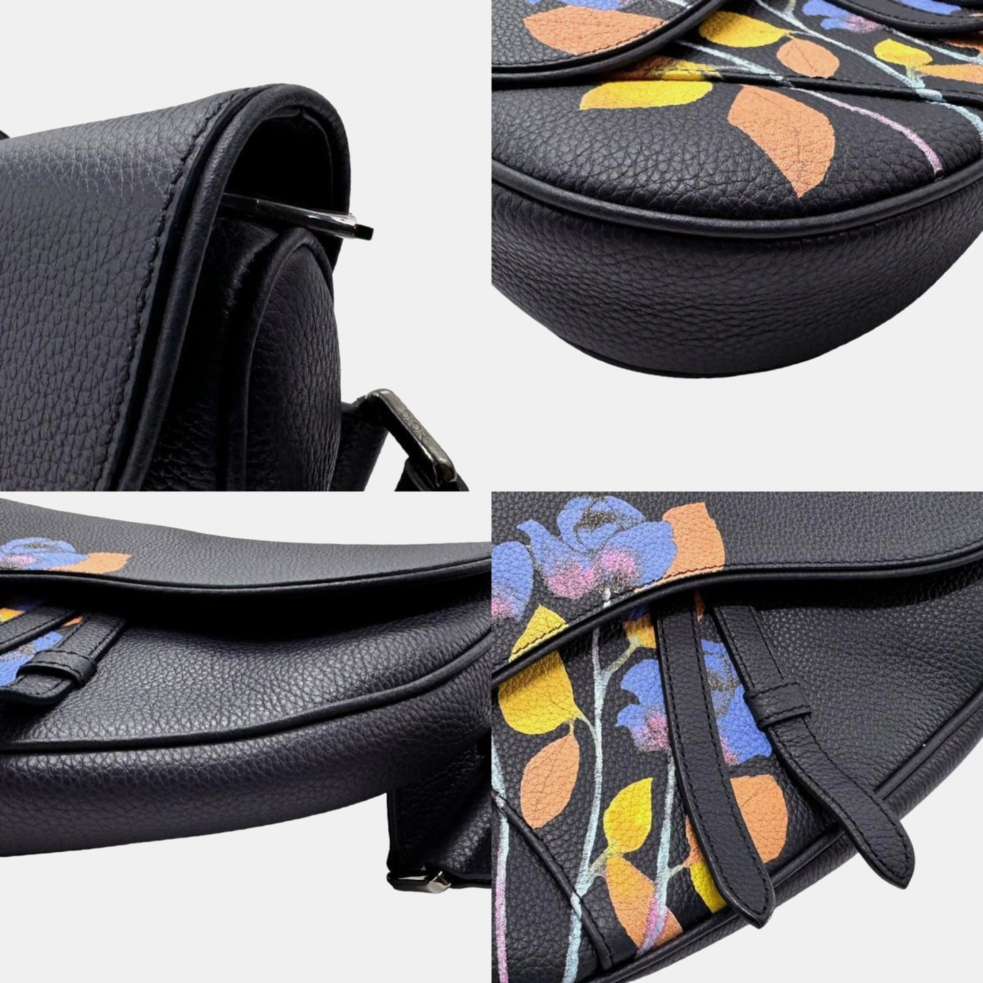 Christian Dior Black Printed Leather Alex Foxton Floral Saddle Crossbody Bag