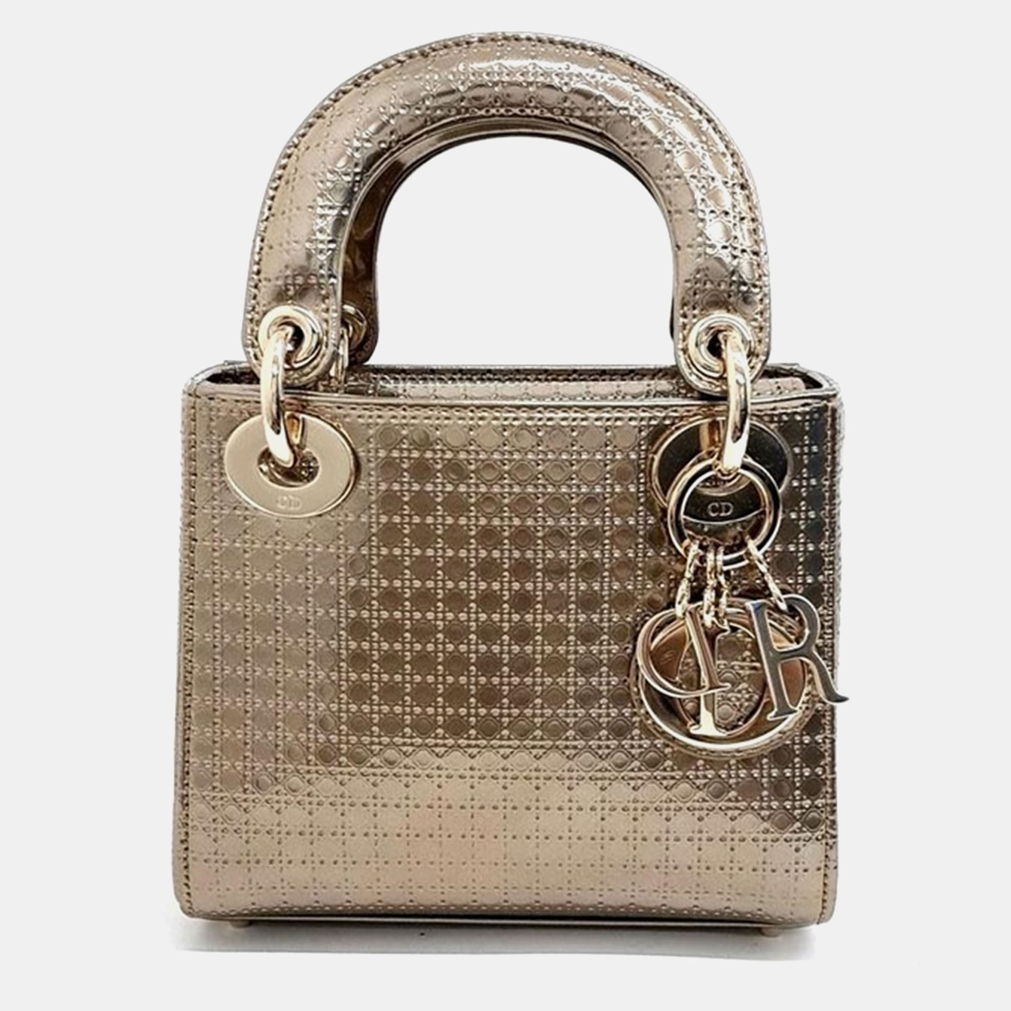 Christian Dior Gold  Cannage Leather Lady Dior Mini Top Handle Bag