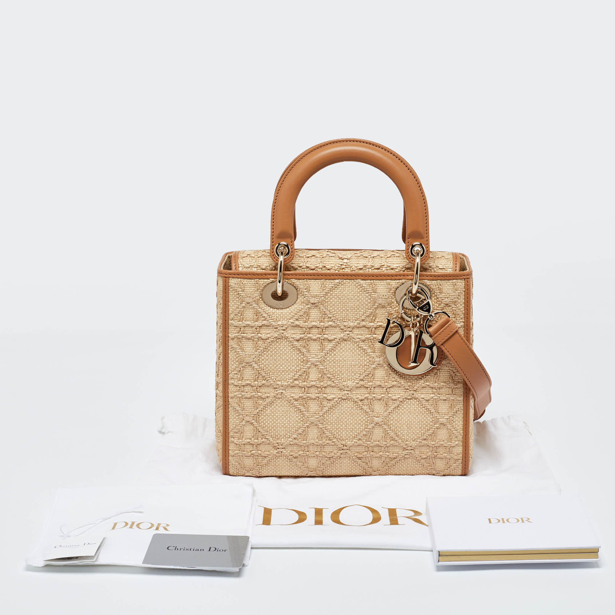 Dior Beige Raffia And Leather Medium Lady Dior Tote