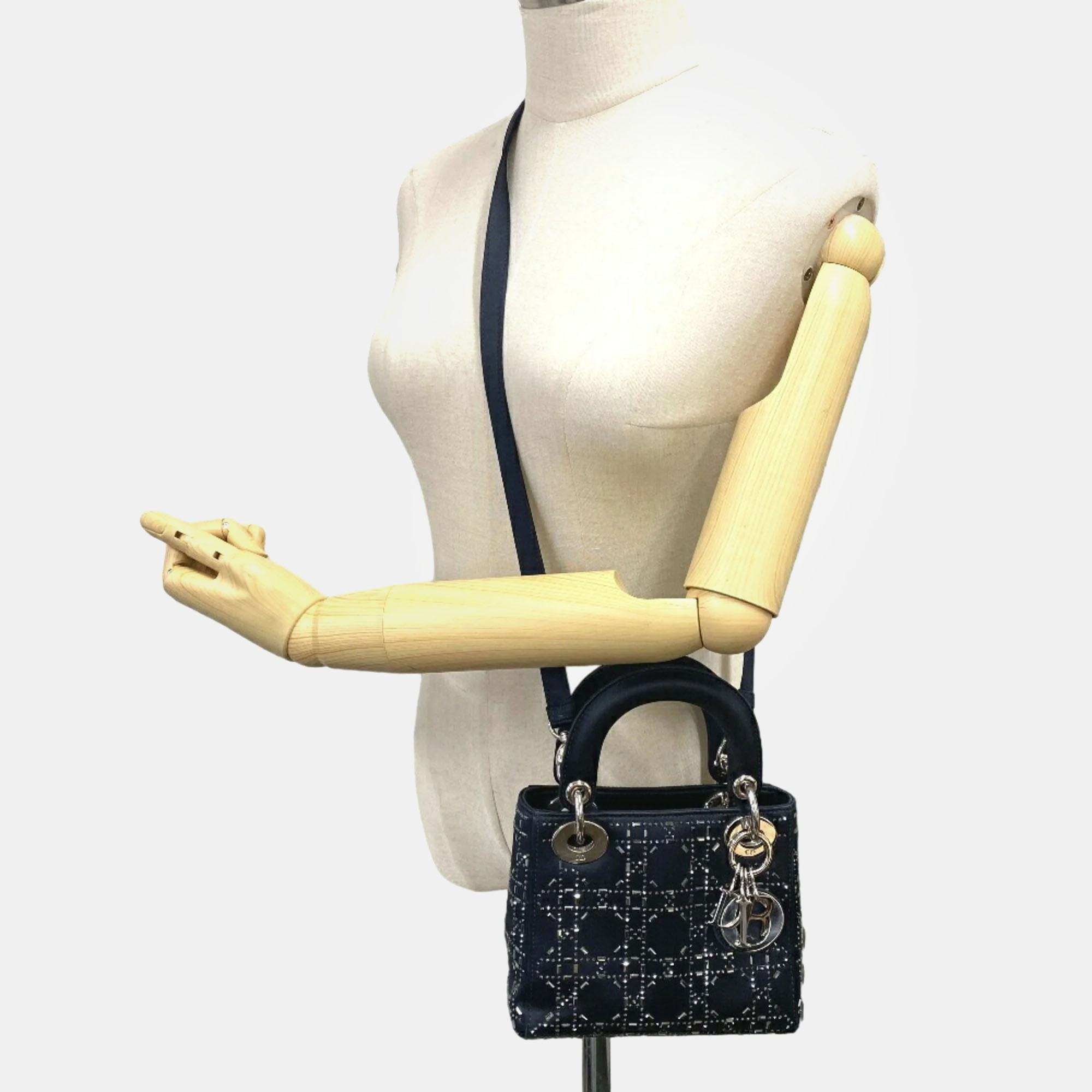 Dior Dark Navy Blue Satin Mini Lady Dior Tote Bag