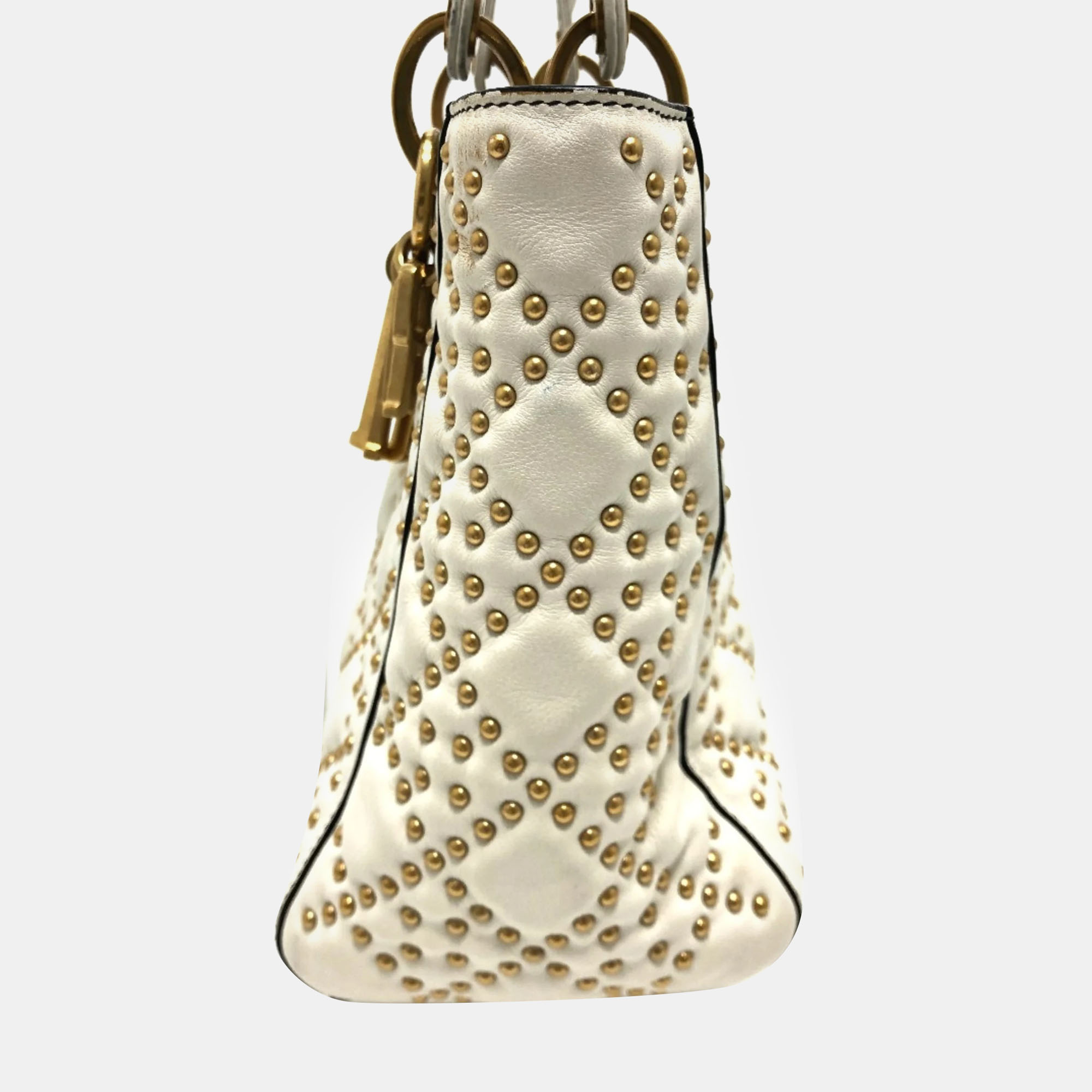 Dior White Leather Studded Medium Lady Dior Top Handle Bags