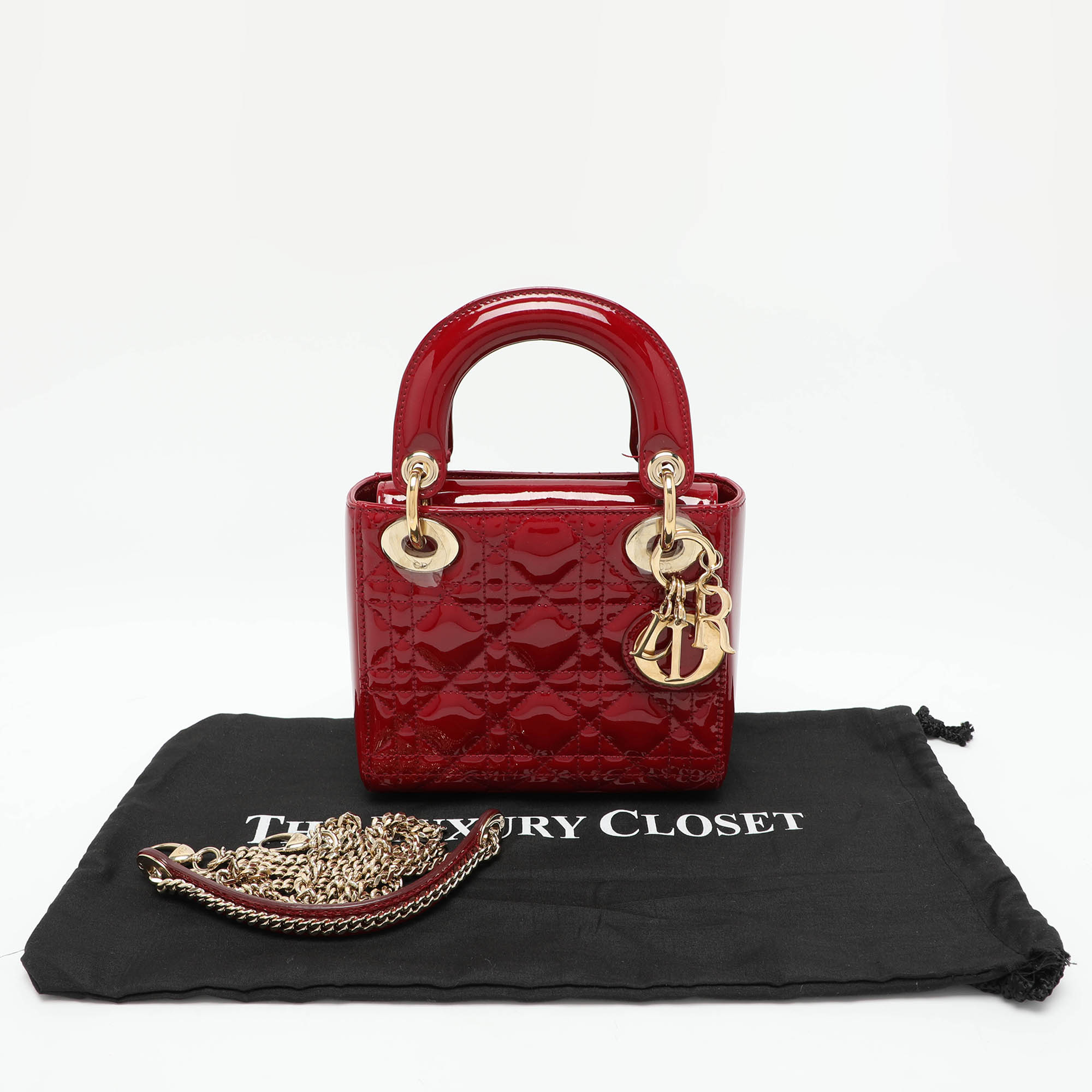 Dior Red Cannage Patent Leather Mini Chain Lady Dior Tote