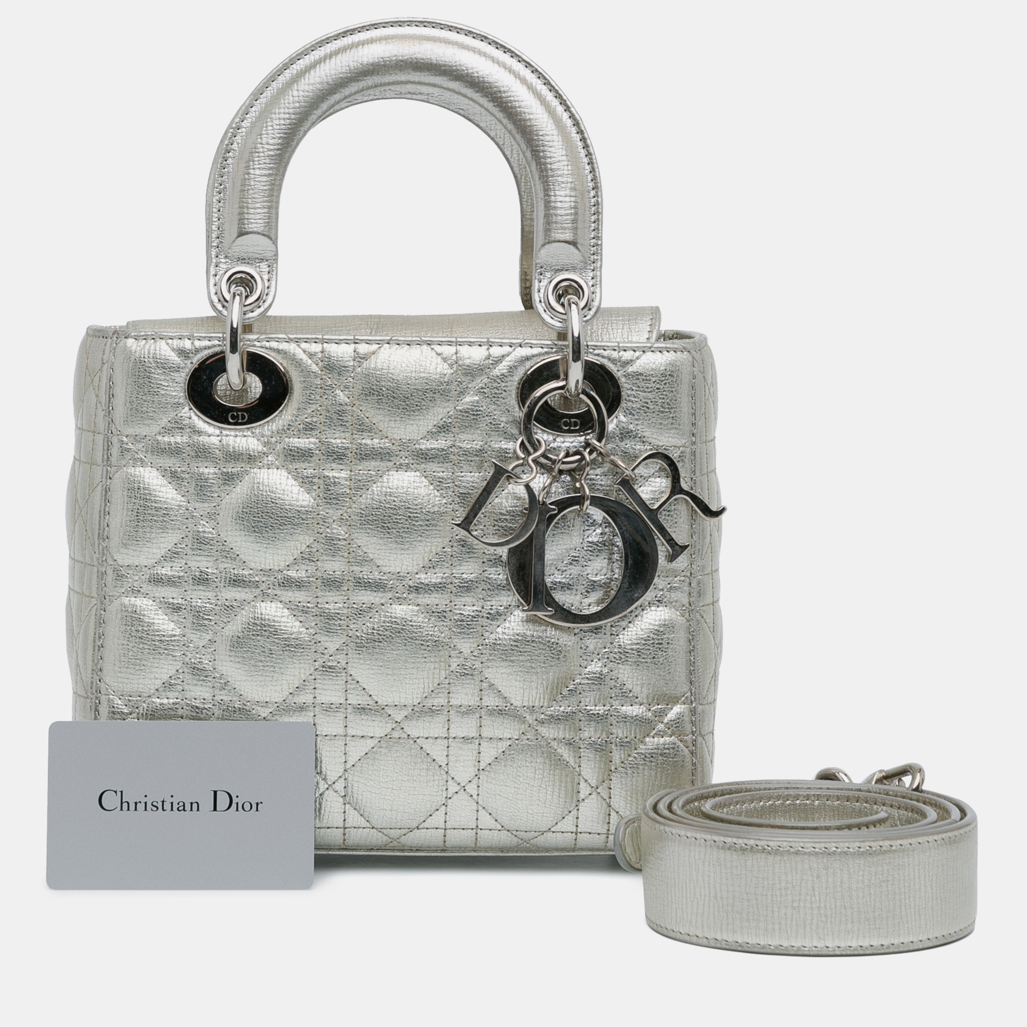 Dior Silver Metallic Grained Calfskin Leather Small Cannage Lucky Badges My Lady Dior Shoulder Bag