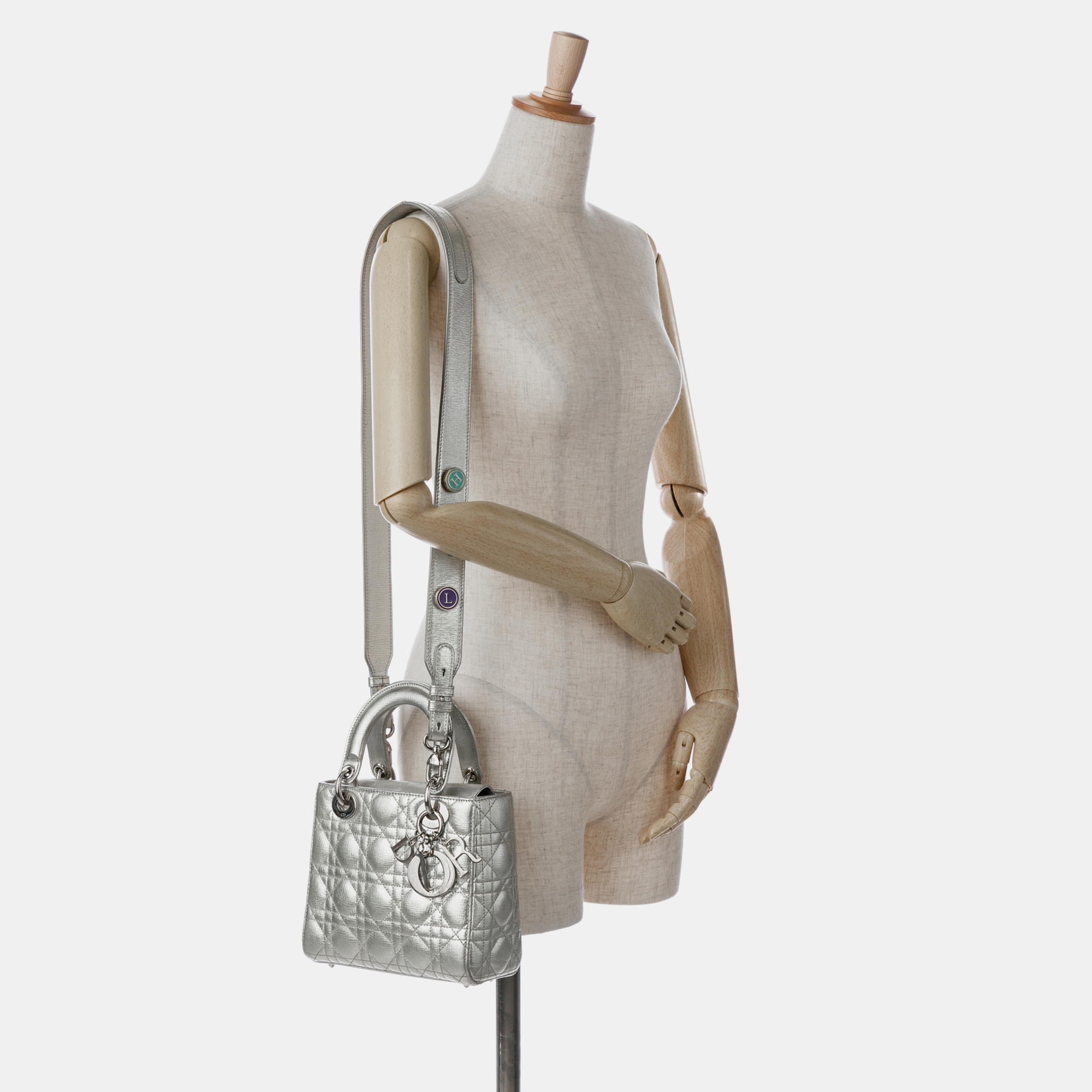 Dior Silver Metallic Grained Calfskin Leather Small Cannage Lucky Badges My Lady Dior Shoulder Bag