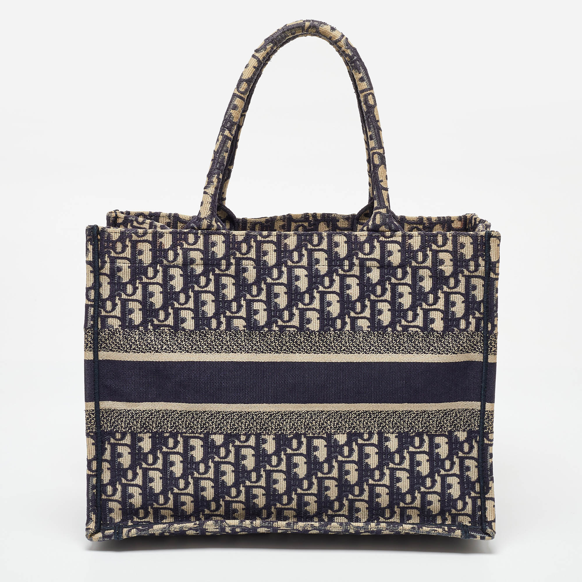 Dior Navy Blue Oblique Embroidered Canvas Medium Book Tote