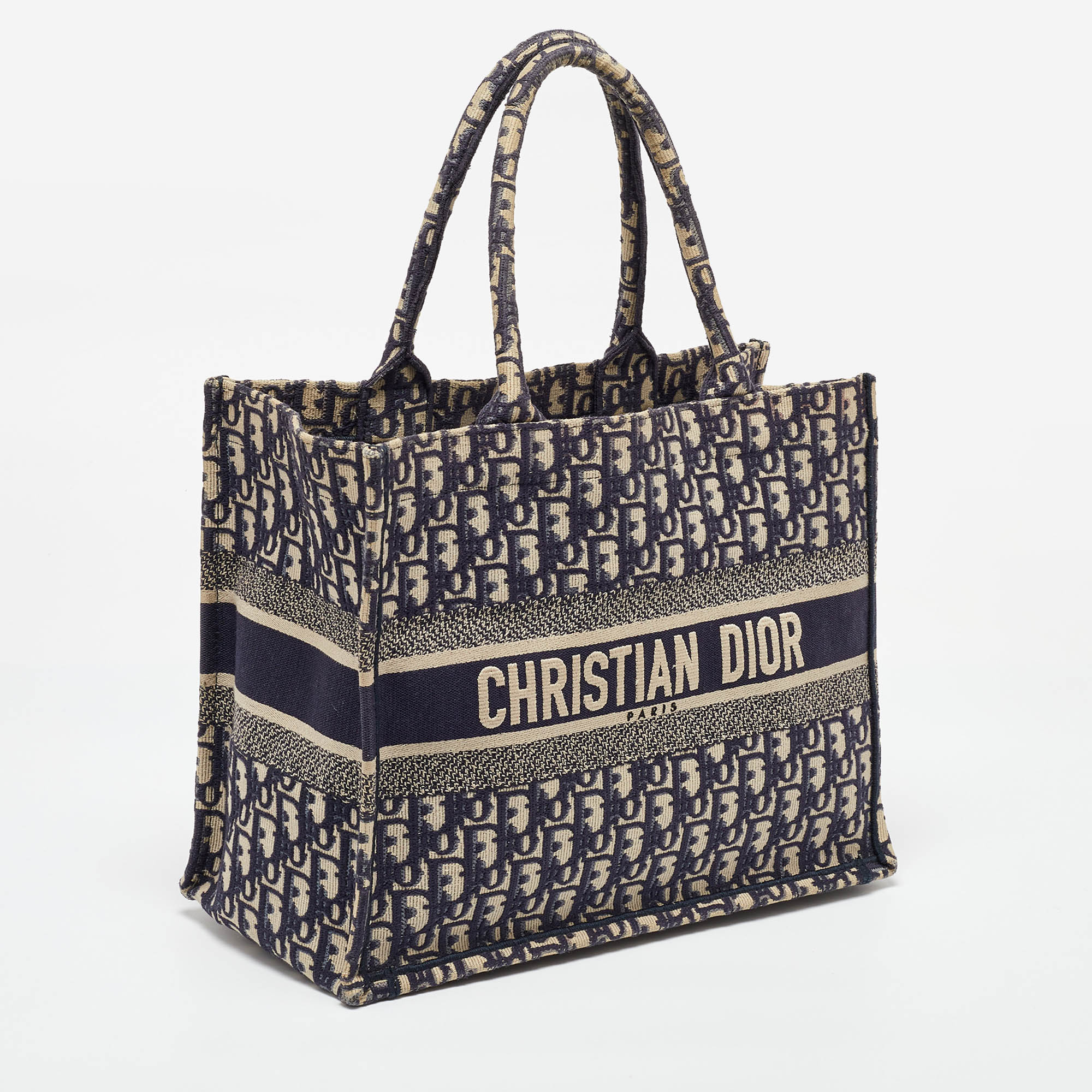 Dior Navy Blue Oblique Embroidered Canvas Medium Book Tote