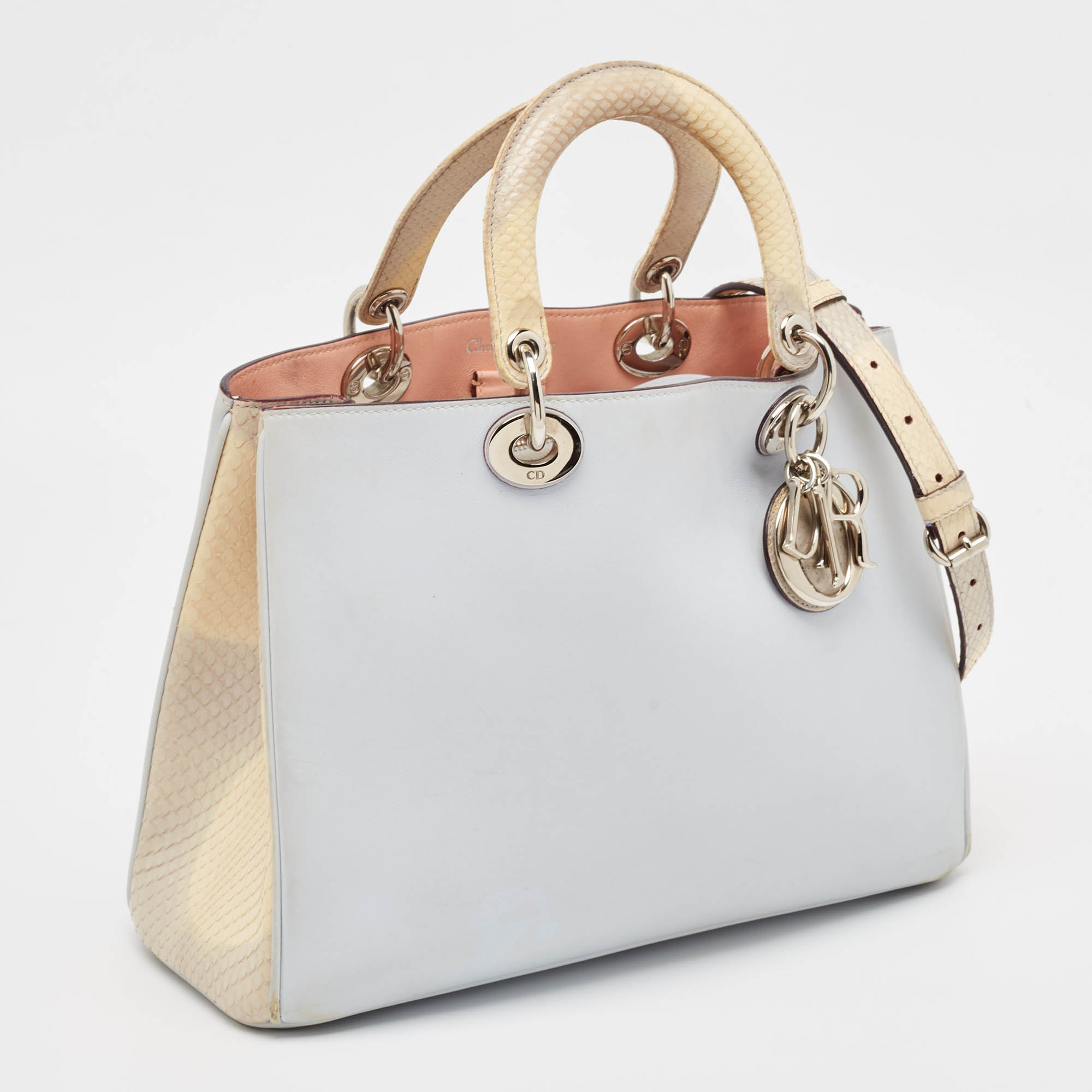 Dior Light Blue/Cream Leather And Python Medium Diorissimo Shopper Tote