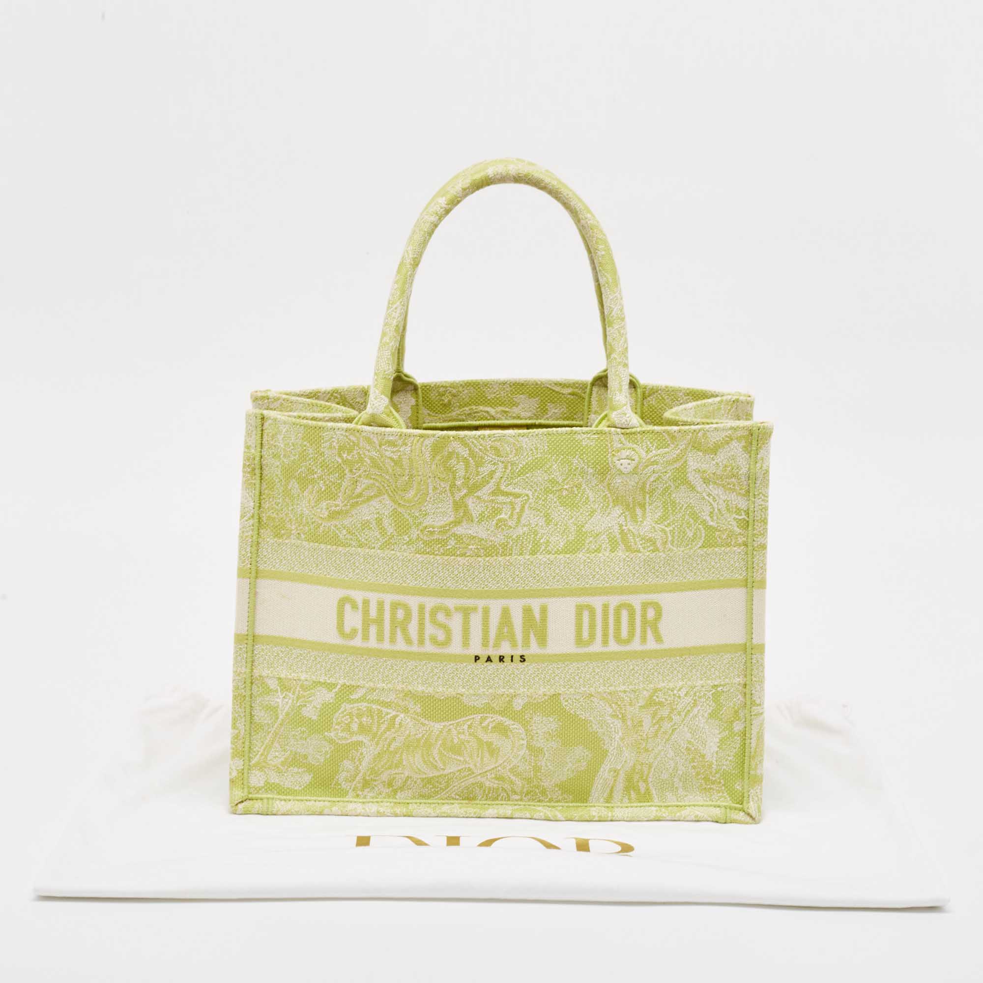 Dior Green/White Embroidered Canvas Medium Toile De Jouy Book Tote