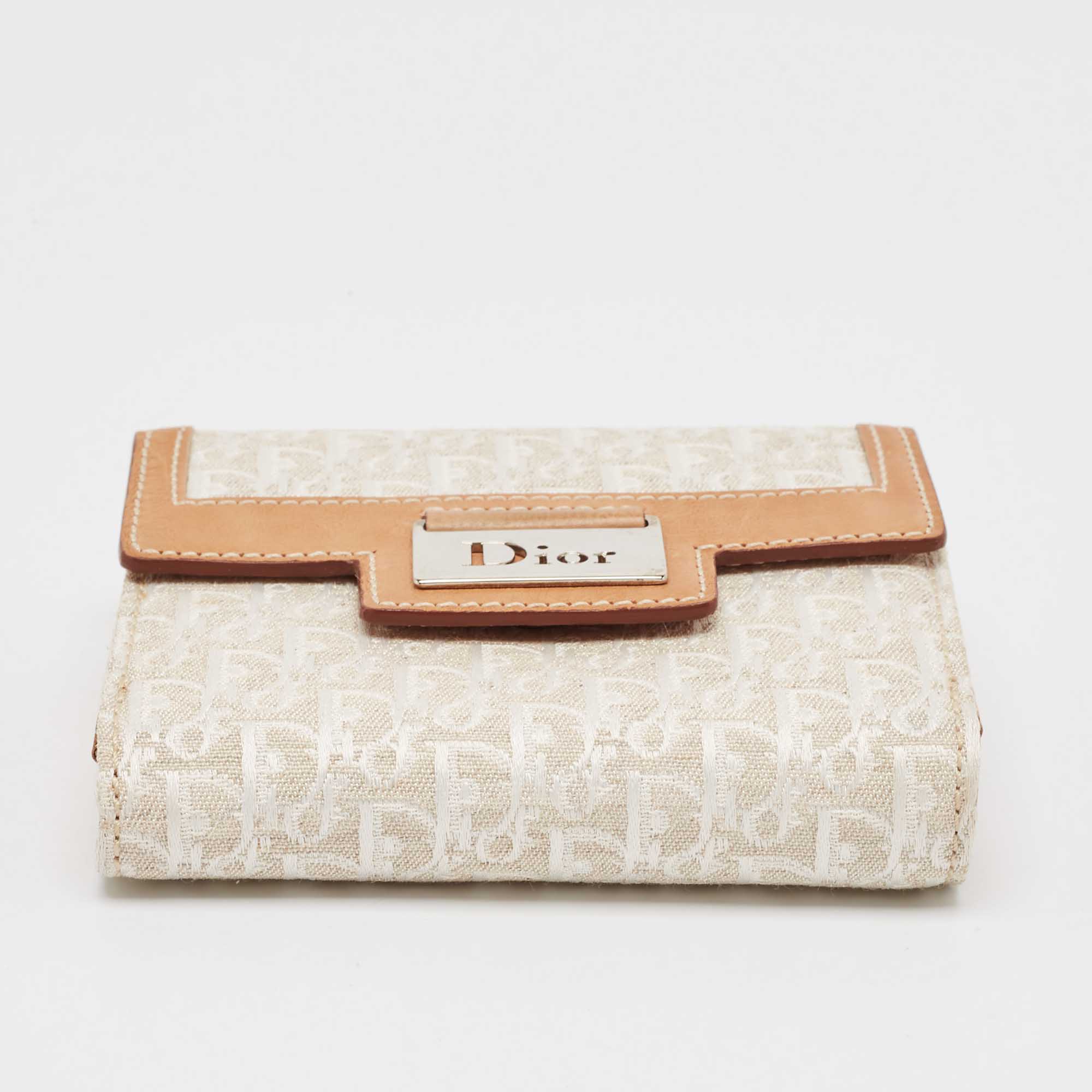 Dior White/Brown Oblique Canvas And Leather Street Chic Compact Wallet