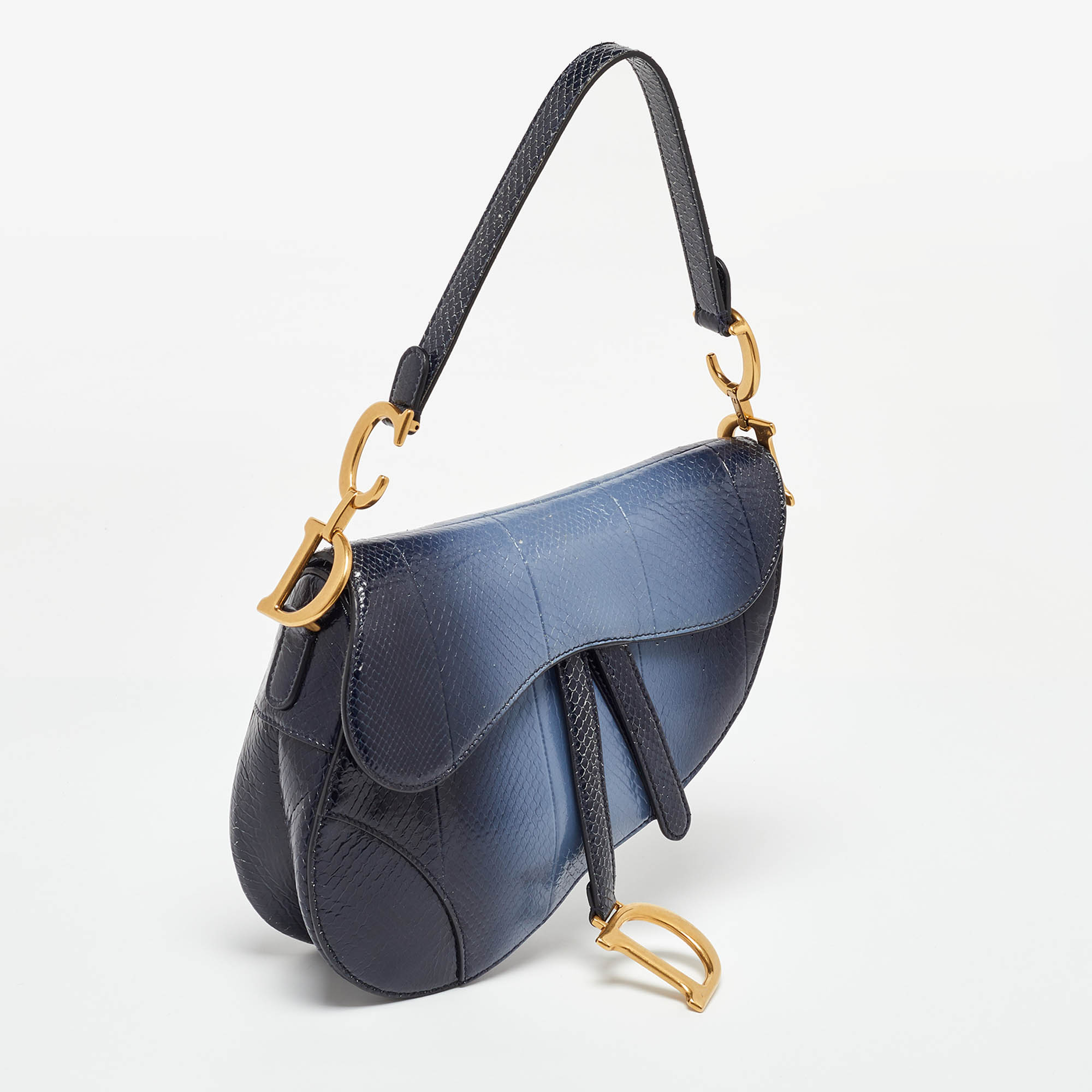 Dior Navy Blue Snakeskin Leather Classic Saddle Bag