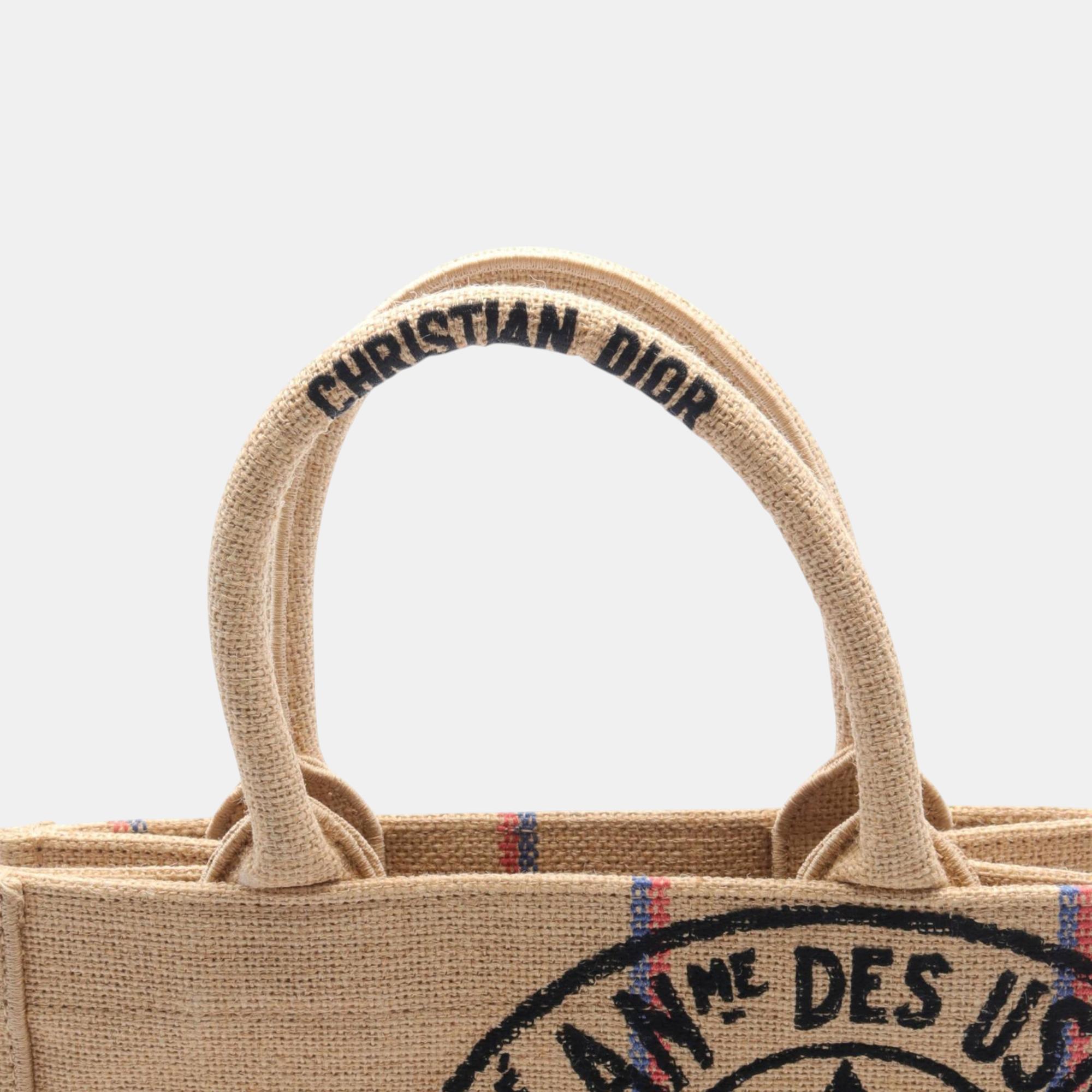 Christian Dior Jute Canvas Beige Multicolor Small Book Tote Bag