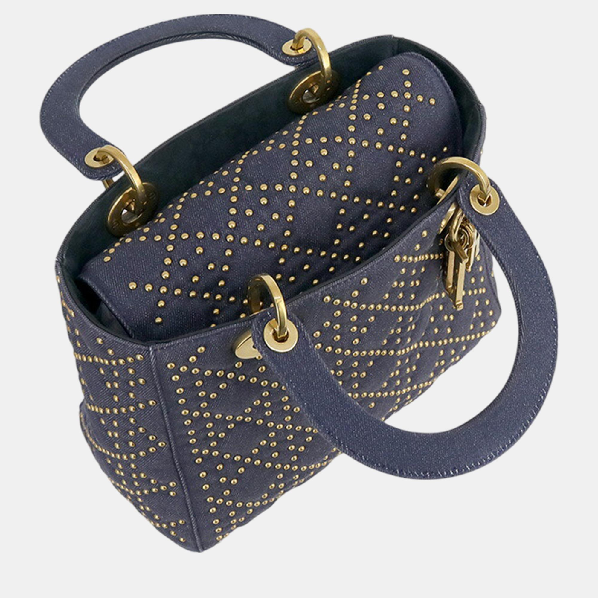 Dior Medium Denim Cannage Studded Supple Lady Dior Bag