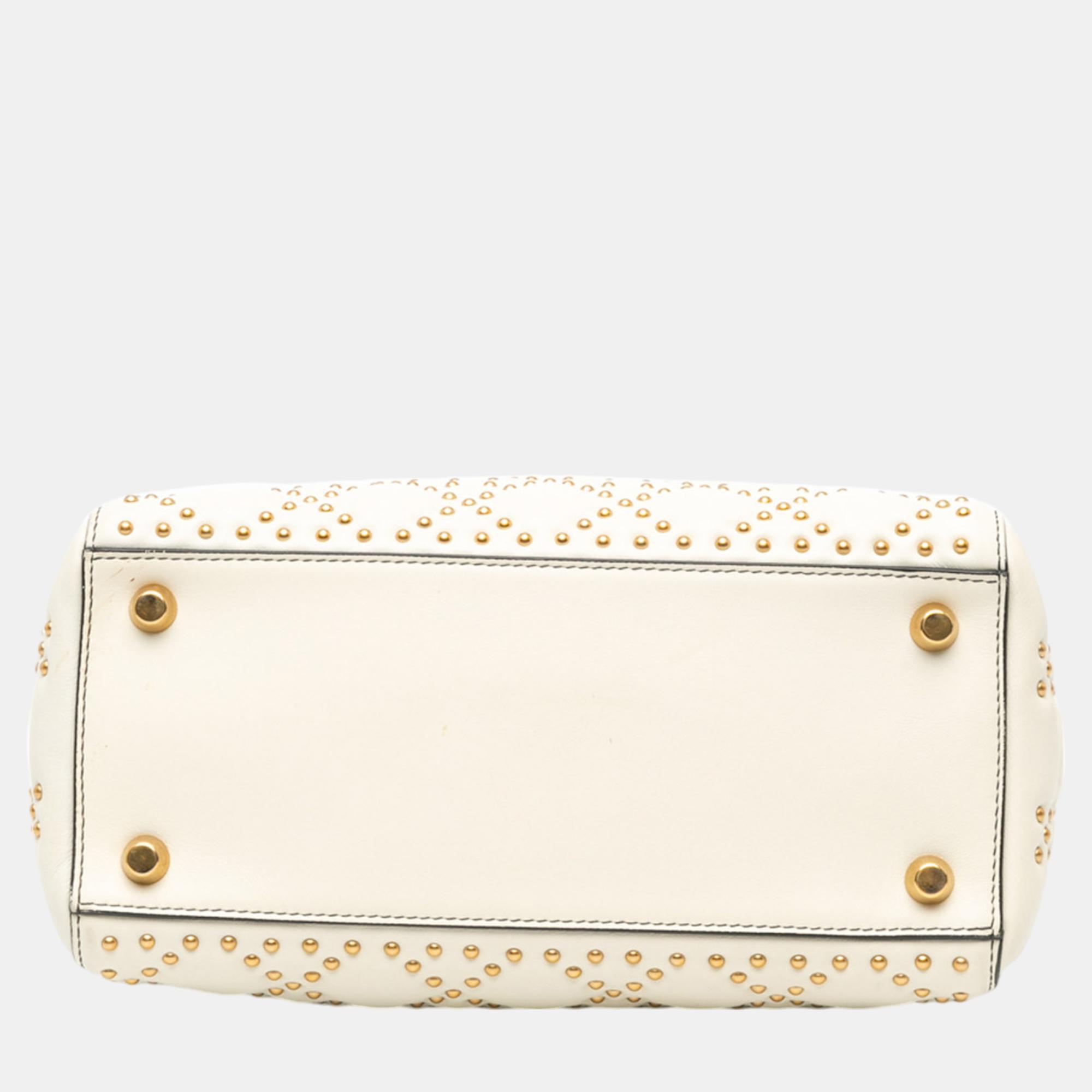 Dior White Medium Lambskin Cannage Studded Supple Lady Dior