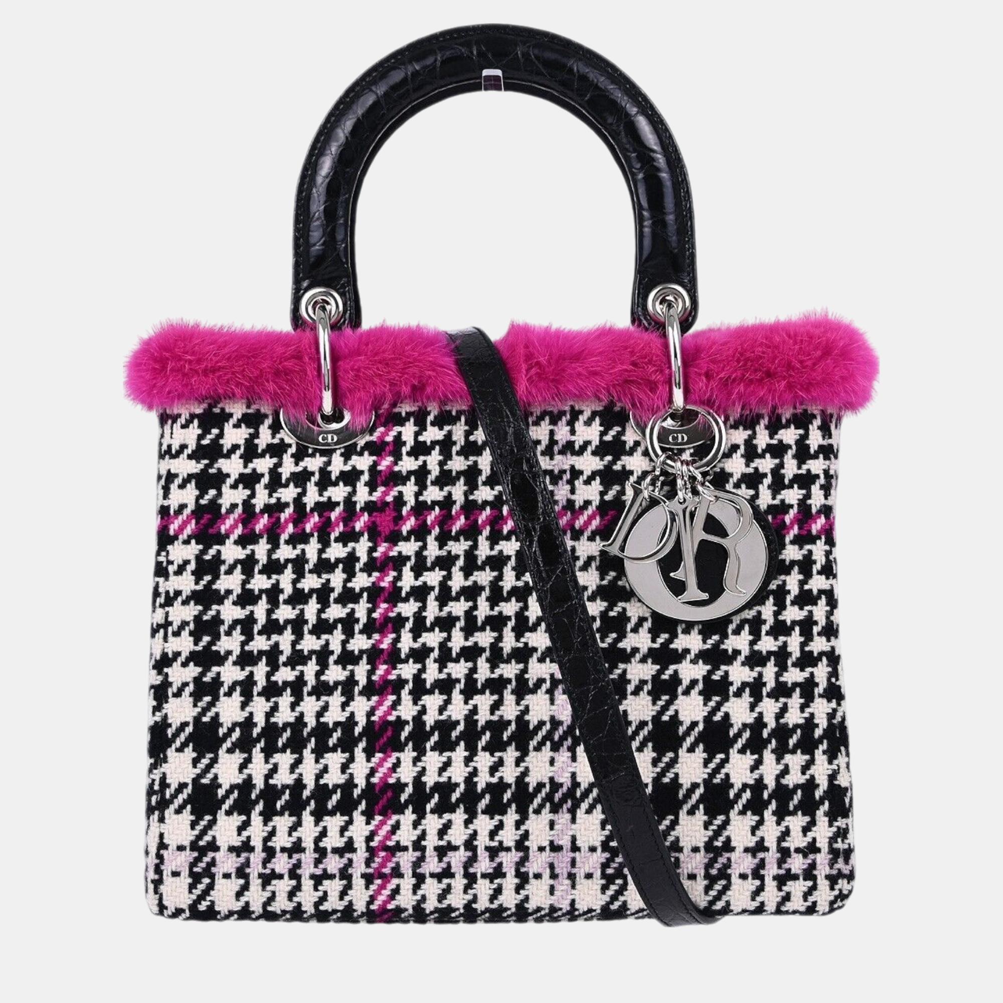 Christian Dior Black Wool Fur Lady Dior Cannage Handbag
