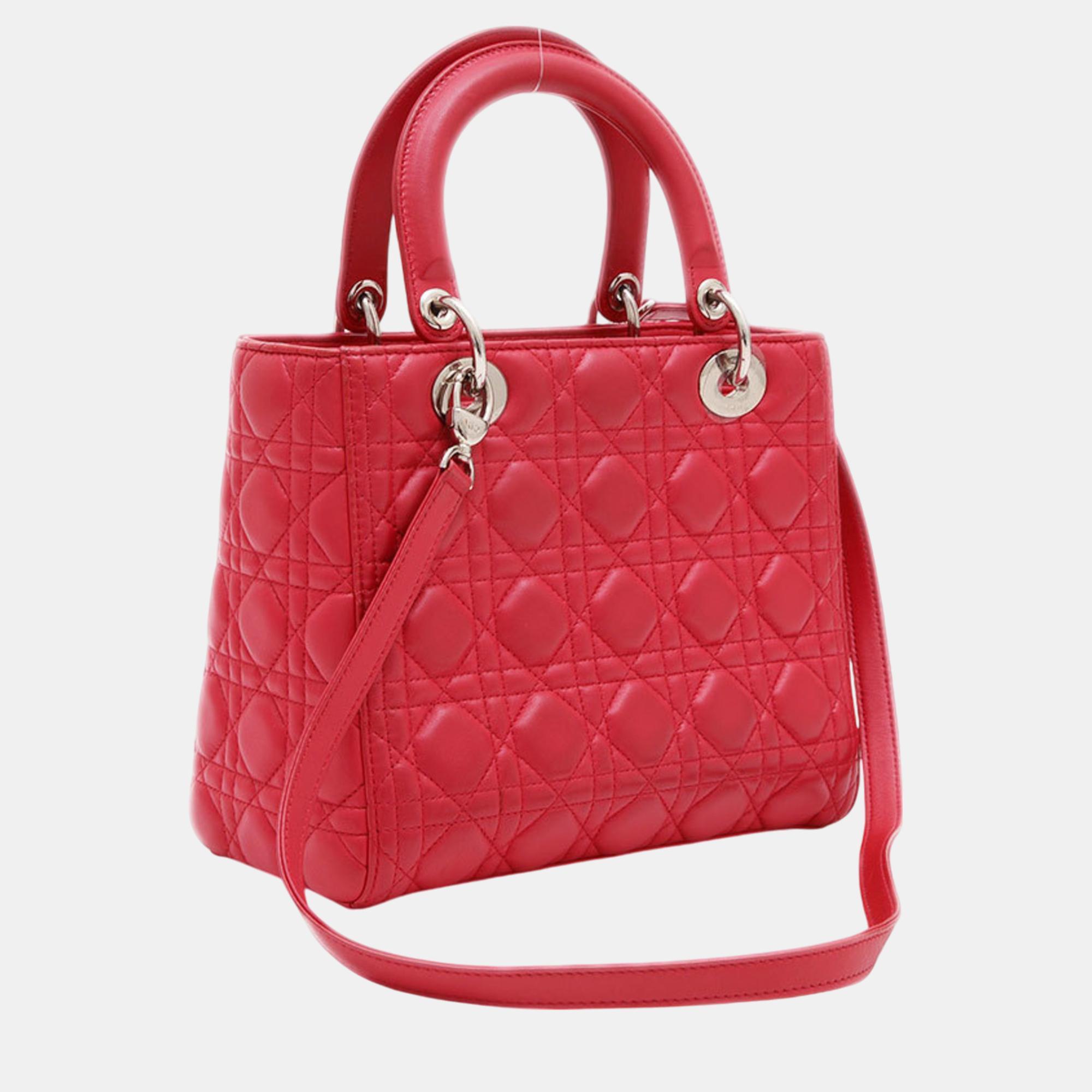 Christian Dior Red Lambskin Dior Lady Cannage Medium Bag