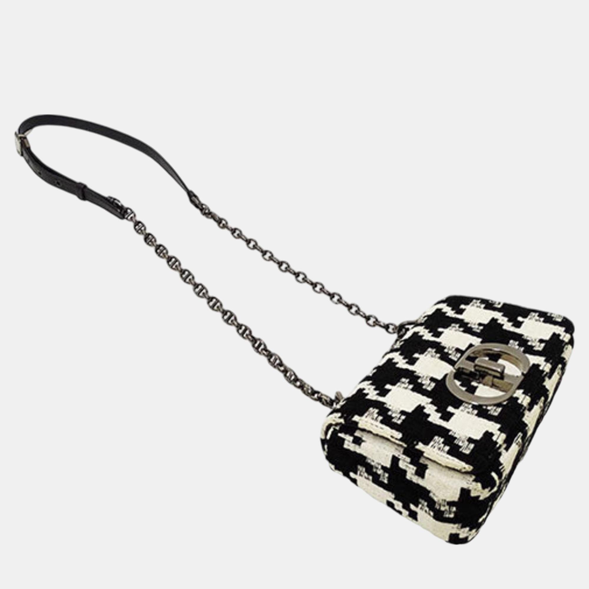 Christian Dior Black White Houndstooth Canvas Dior Karos Small Chain Bag