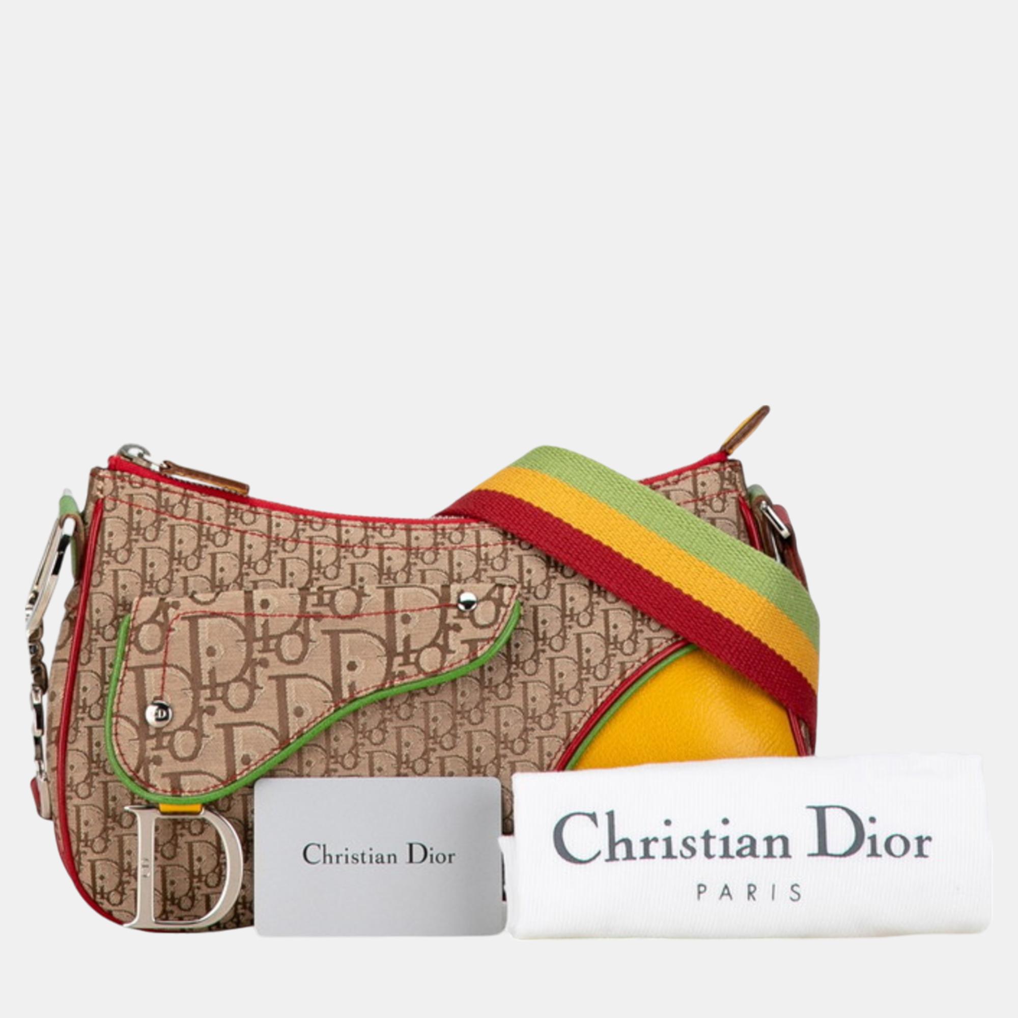 Christian Dior Beige Yellow Canvas Leather Dior Trotter Saddle Rasta Shoulder Bag