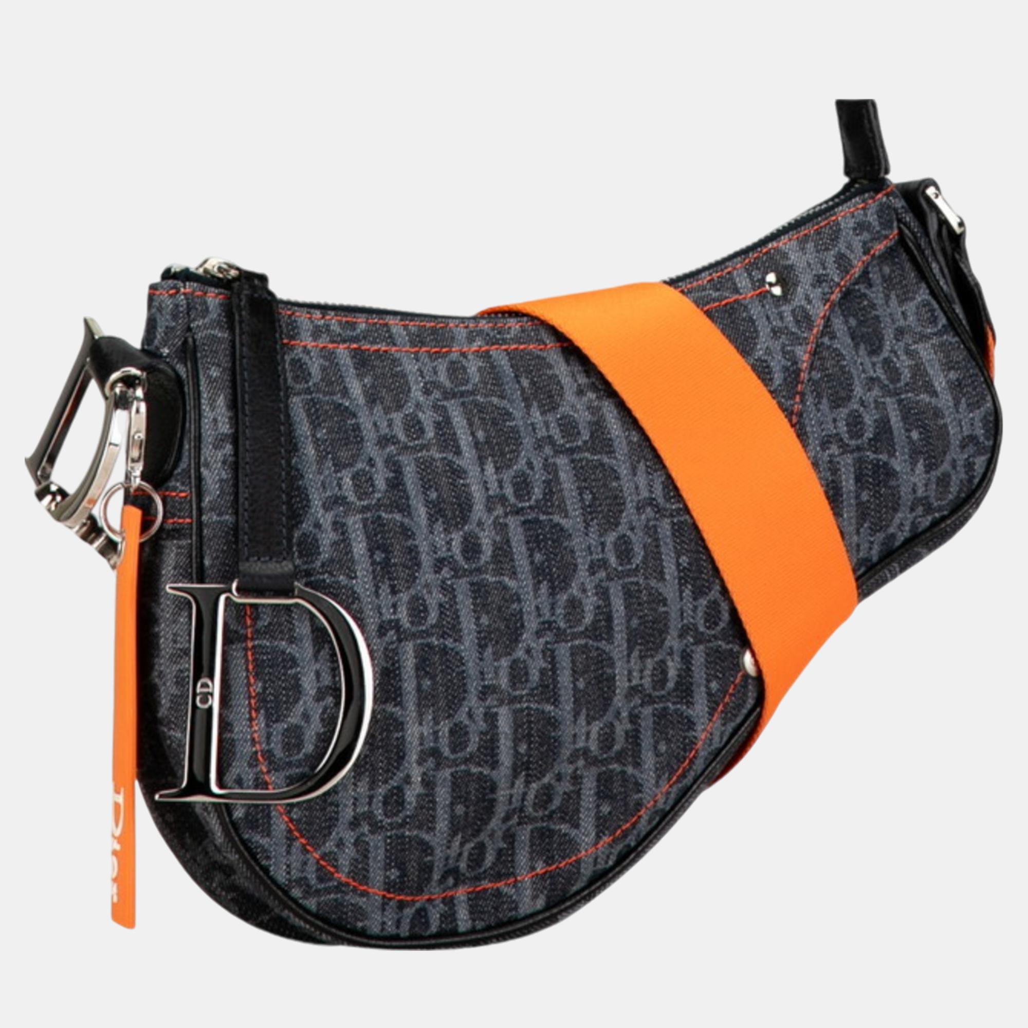 Christian Dior Indigo Blue Orange Canvas Dior Trotter Saddle Flight Line Shoulder Bag