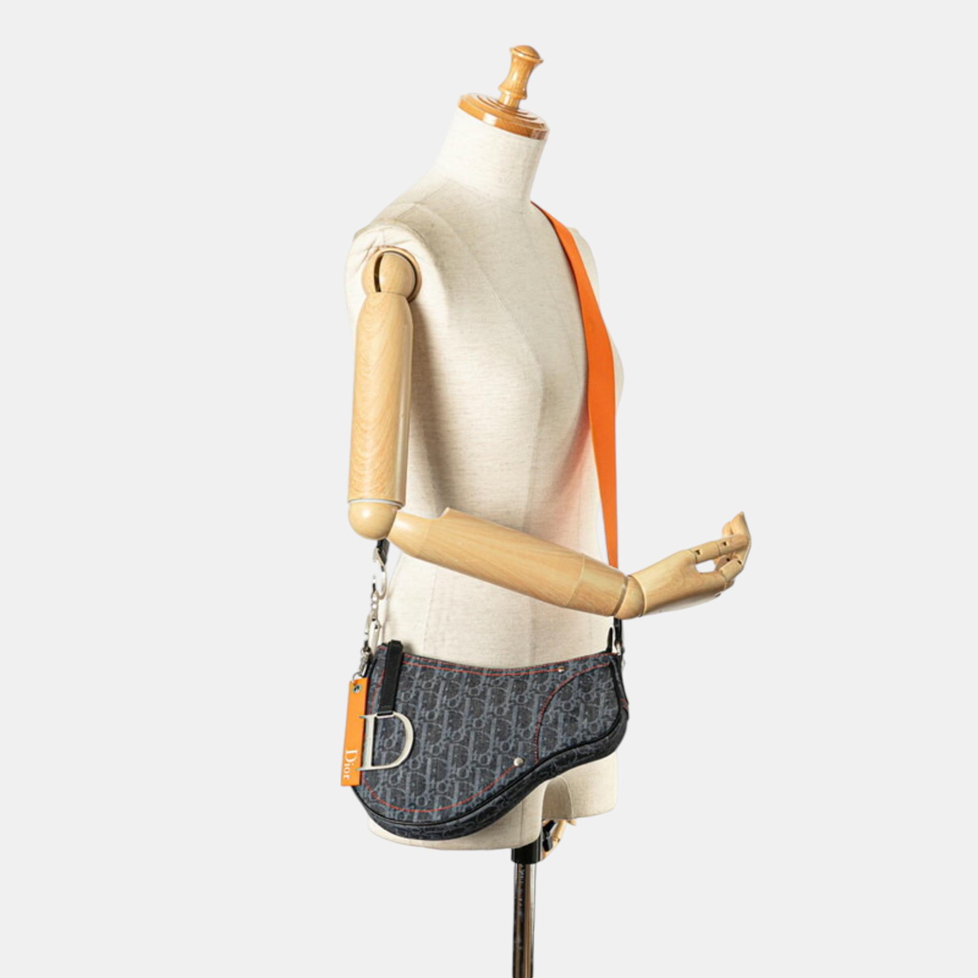 Christian Dior Indigo Blue Orange Canvas Dior Trotter Saddle Flight Line Shoulder Bag